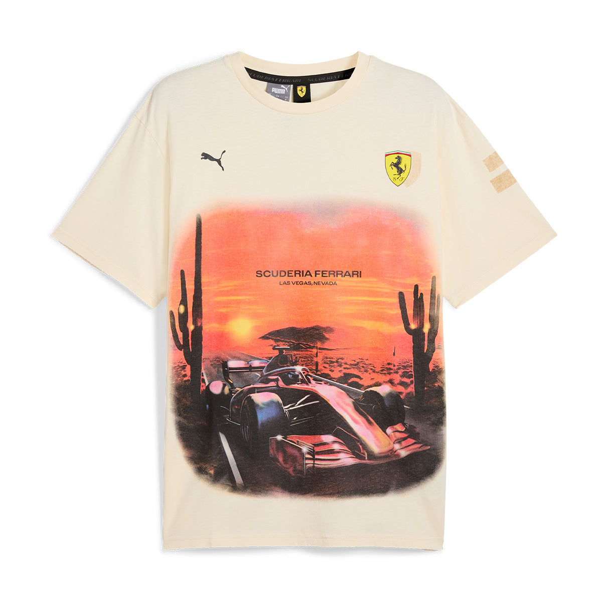 Scuderia Ferrari Race Sun Las Vegas T-Shirt - Stylish Beige Cotton Tee for Men | Perfect for Casual Wear, Racing Events & Ferrari Fans