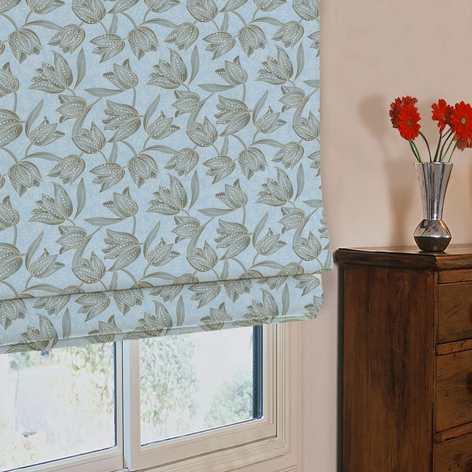 Custom Blackout & Light Filtering Roman Shades - Thermal Insulated Fabric Window Blinds for Doors, French Doors & Kitchen Windows | Retro Blue Home Decor for Living Room & Bedroom