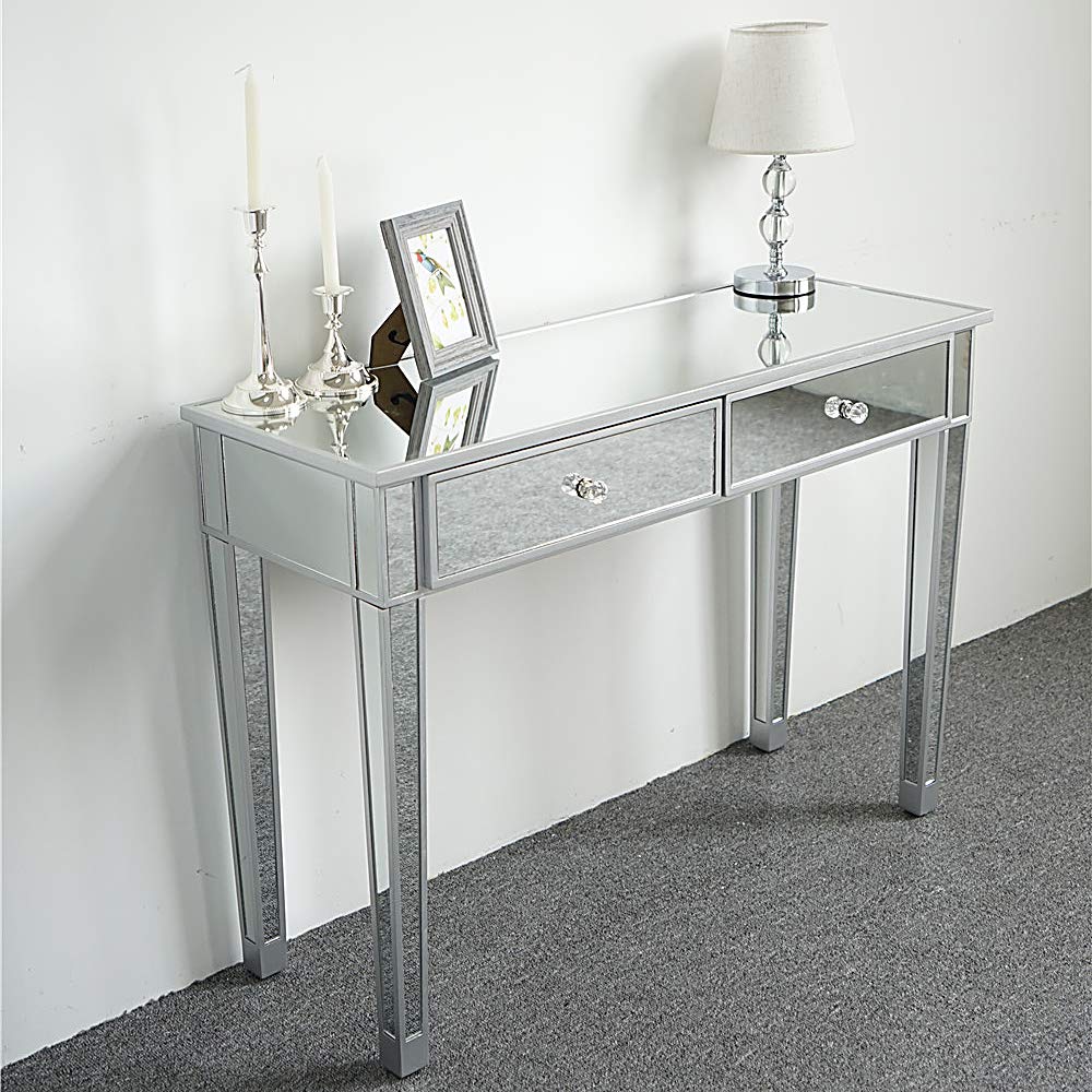 HomVent Modern Mirrored Vanity Table with 2 Drawers - Silver Finish Makeup Desk for Women, Home Office Writing Desk & Media Console - Perfect for Bedroom, Dressing Room, and Living Room Decor