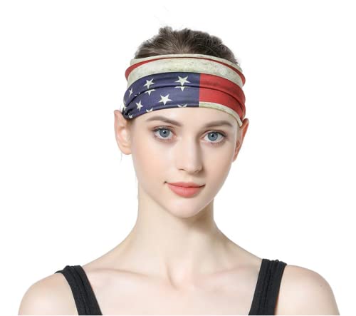 3 Pack American Flag Print Stretch Headbands - Wide Side Sports Headband for Women & Men - Sweat Absorbing Milk Silk Hair Accessories for Running, Workout, Gym & Outdoor Activities