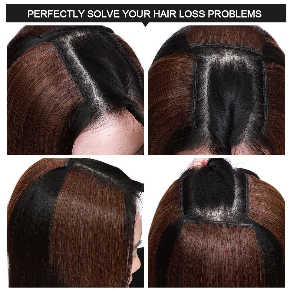 Majik Human Hair Seamless Thick Hair Toppers for Women - 4 Inch Brown Hair Patches & Volumizer (Set of 2) | Perfect for Side Cover, Thinning Hair & Daily Styling | Natural-Looking Hair Enhancement for Work & Social Events