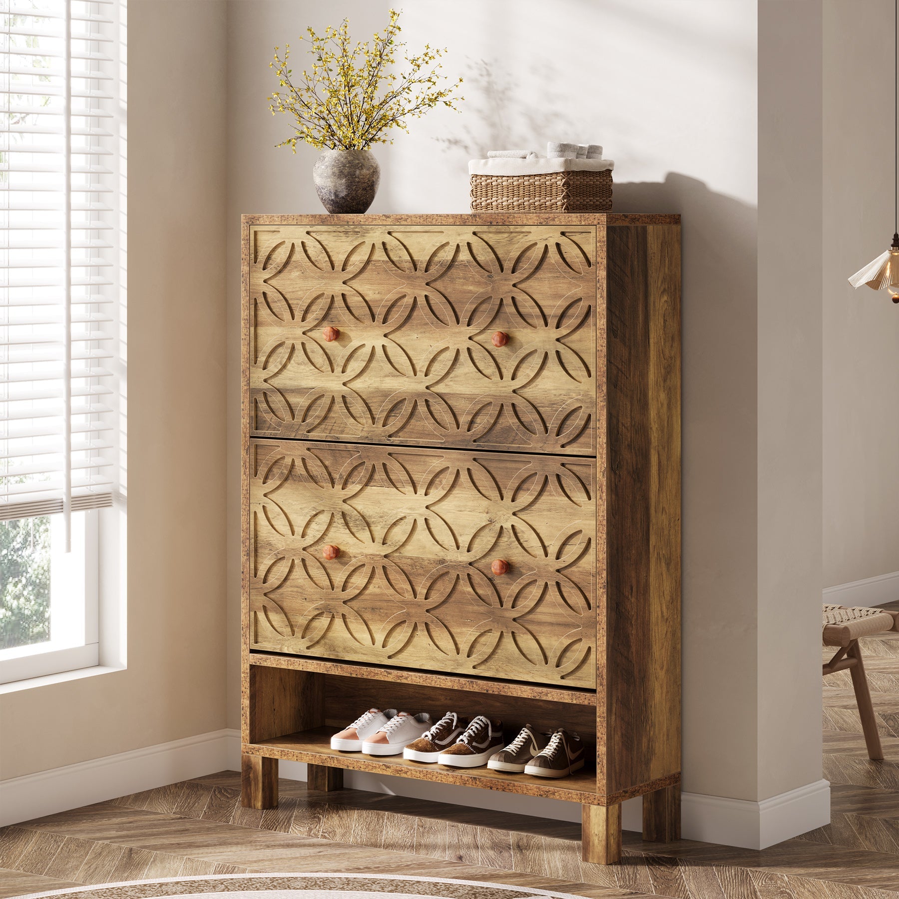 Rustic Wooden Shoe Cabinet with 2 Flip-Up Drawers - Space Saving Entryway Shoe Organizer for Hallway, Closet & Mudroom Storage