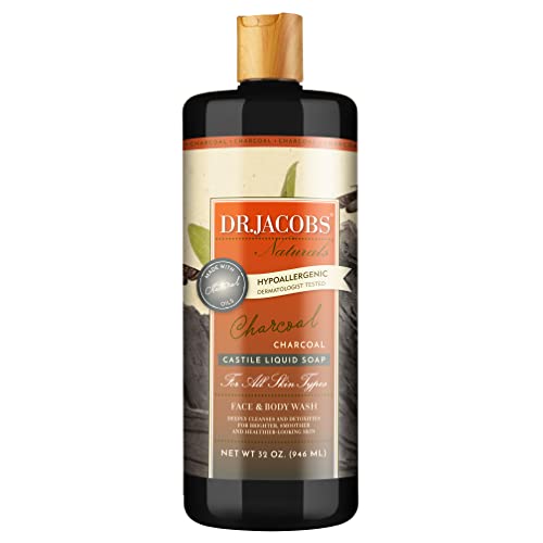 Dr. Jacobs Naturals Pure Castile Soap - All Natural Face & Body Wash for Sensitive Skin | Hypoallergenic, Dermatologist Approved | Charcoal Detoxifying Cleanser | 32 Fl Oz | Perfect for Daily Shower, Baby Bath & Household Cleaning