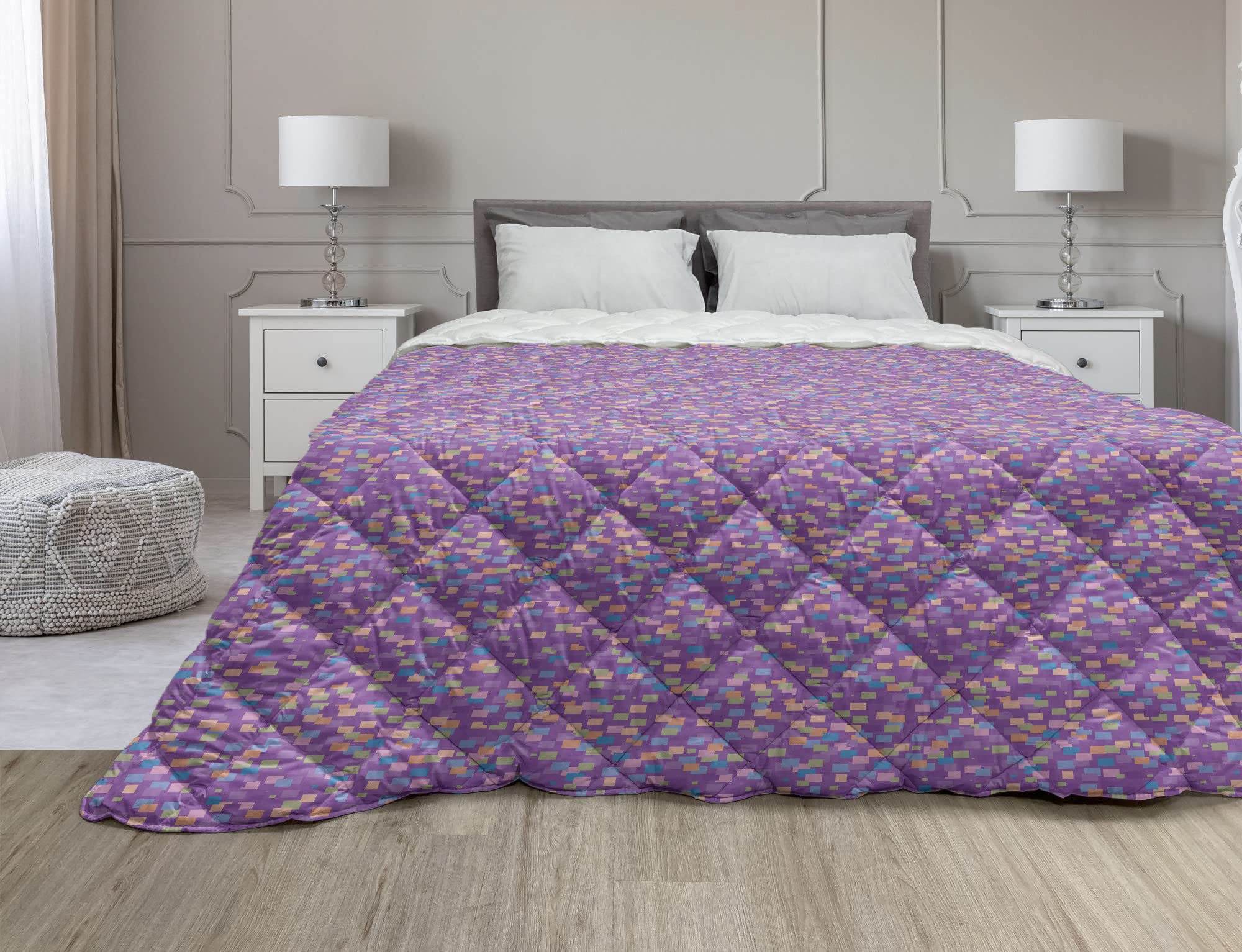 Ambesonne Abstract Down Alternative Comforter - Brick Wall Geometric Print King Size - Soft Microfiber All Season Bedding - Violet & Multicolor - Perfect for Modern Bedrooms & Guest Rooms