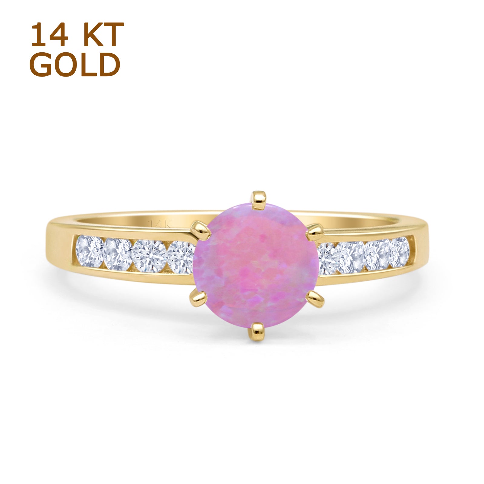 14K Yellow Gold Round Lab-Created Pink Opal Cathedral Ring for Women – Elegant Vintage Wedding, Engagement, or Gift Jewelry