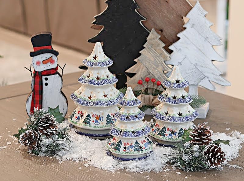 Blue Rose Polish Pottery Winter Bells Christmas Tree Luminary - Handmade Ceramic Holiday Decor for Christmas, Winter, and Home Decoration