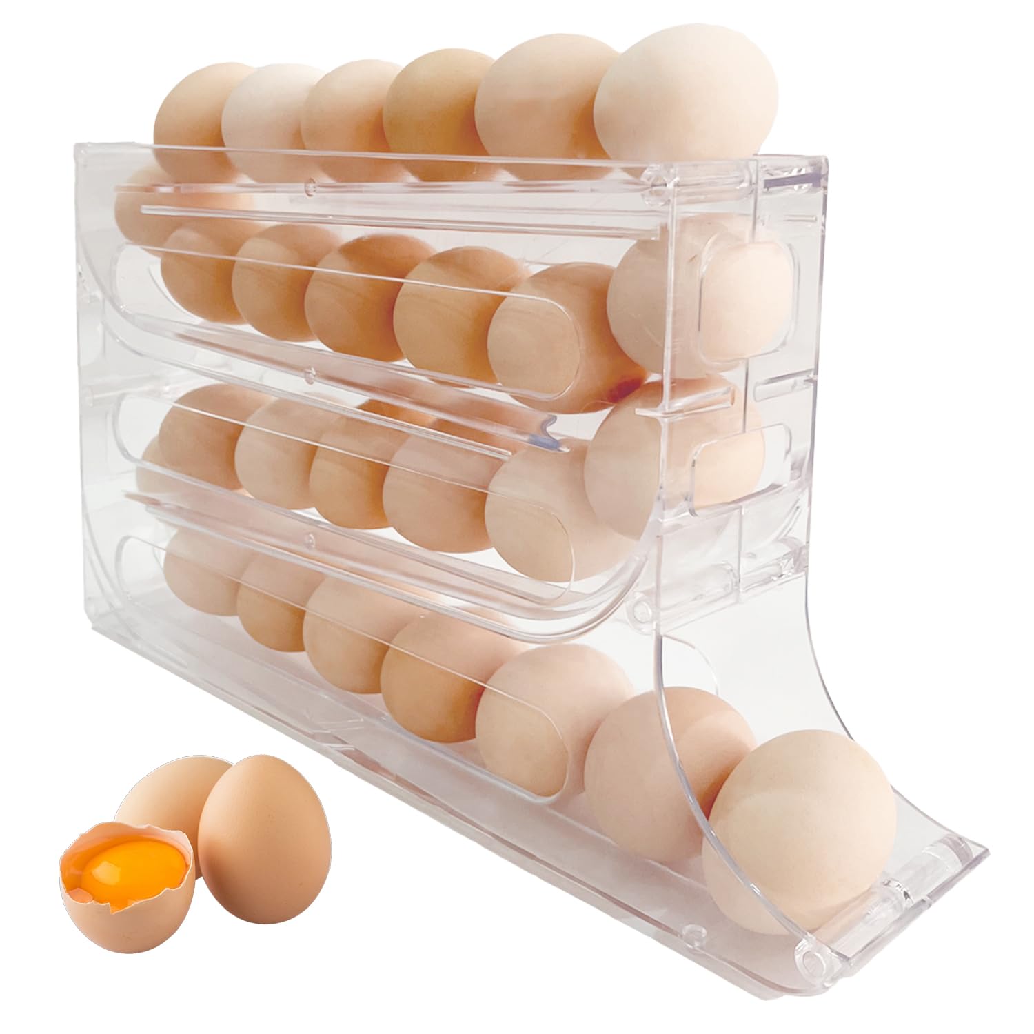 4-Layer Auto Rolling Egg Holder for Refrigerator - Transparent Space-Saving Egg Dispenser Storage Tray (Holds 30 Eggs) - Perfect for Kitchen Cabinets, Tables, Restaurants & Home Organization