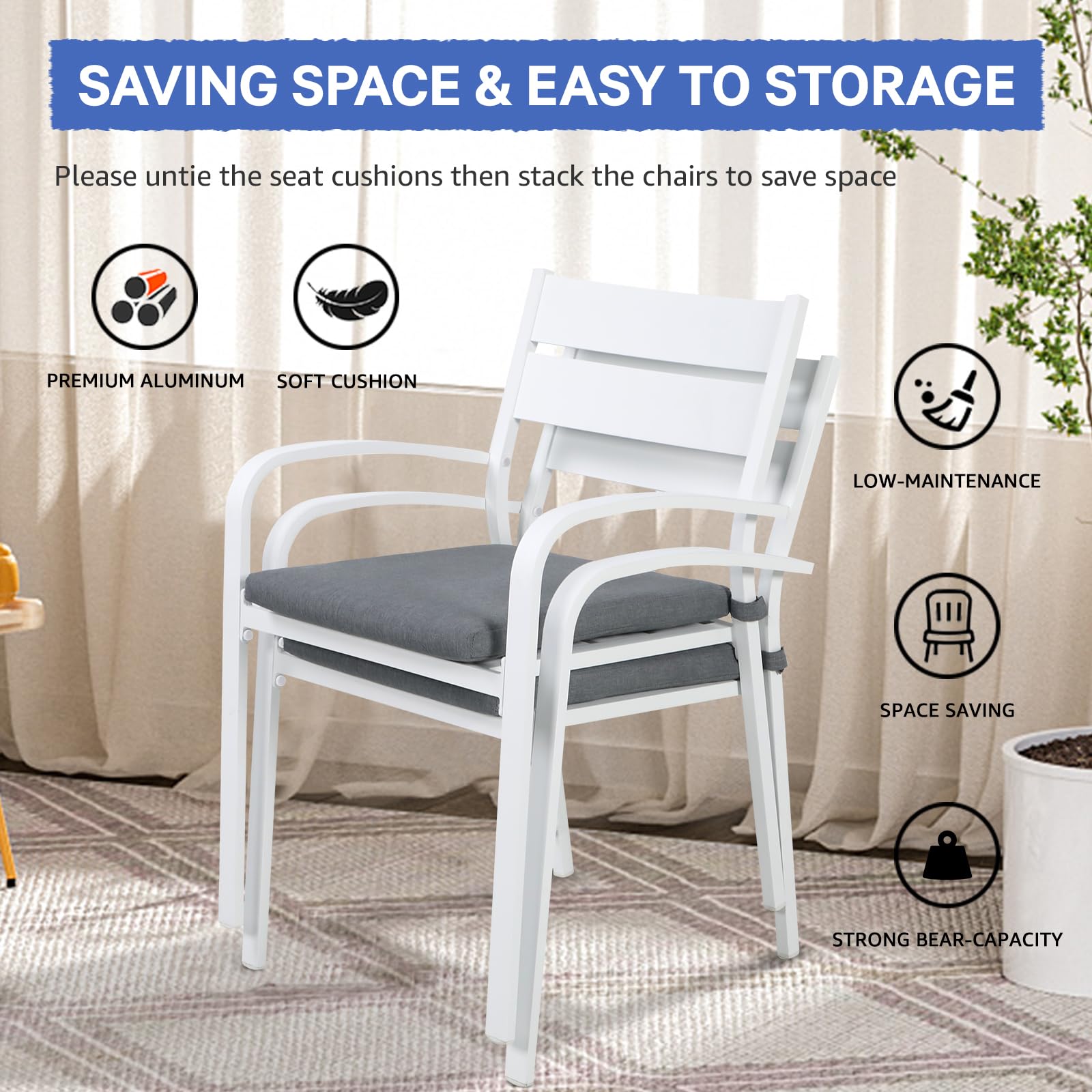 Outdoor Aluminum Stackable Bistro Dining Chairs Set of 4 with Cushions - White Patio Chairs with Gray Cushions for Garden, Balcony, Backyard & Poolside - Perfect for Outdoor Entertaining & Relaxation
