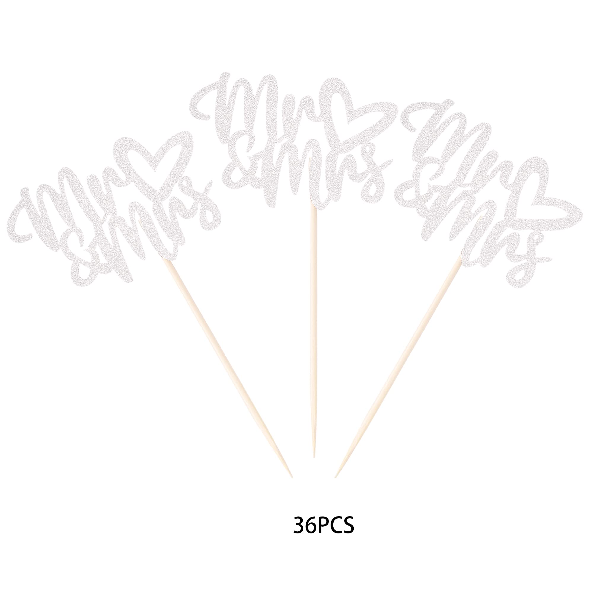 36 PCS Silver Mr & Mrs Cupcake Toppers with Love Heart - Wedding, Engagement, Bridal Shower, Birthday Party Cake Decorations Supplies - Perfect for Romantic Celebrations and Special Occasions
