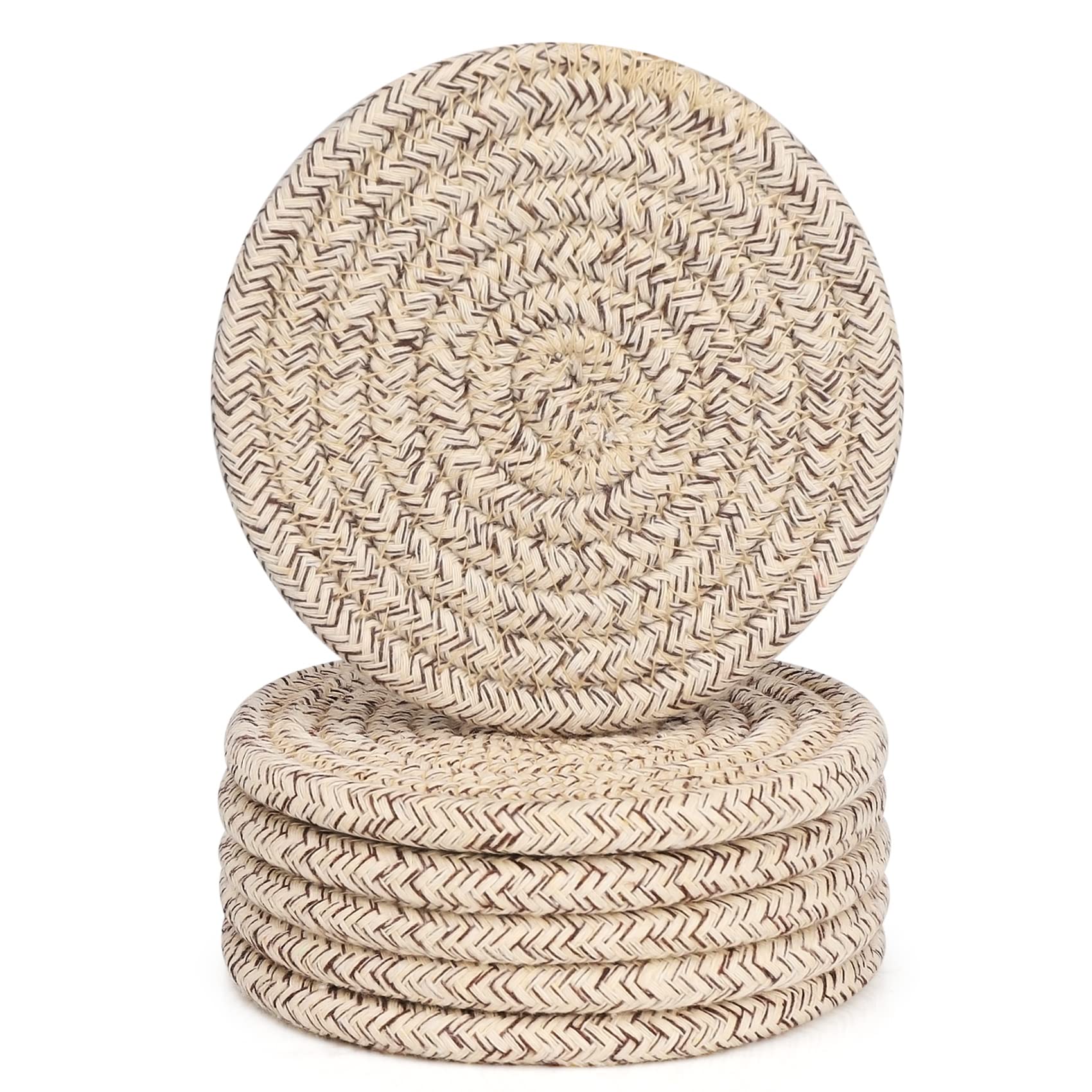 ABenkle Set of 6 Woven Boho Coasters - 4.3 Inch Absorbent Drink Coasters for Coffee, Wine & Beer - Perfect Housewarming Gift, Home Decor & Bar Essentials - Ideal for Coffee Tables, Kitchen Countertops & Outdoor Entertaining