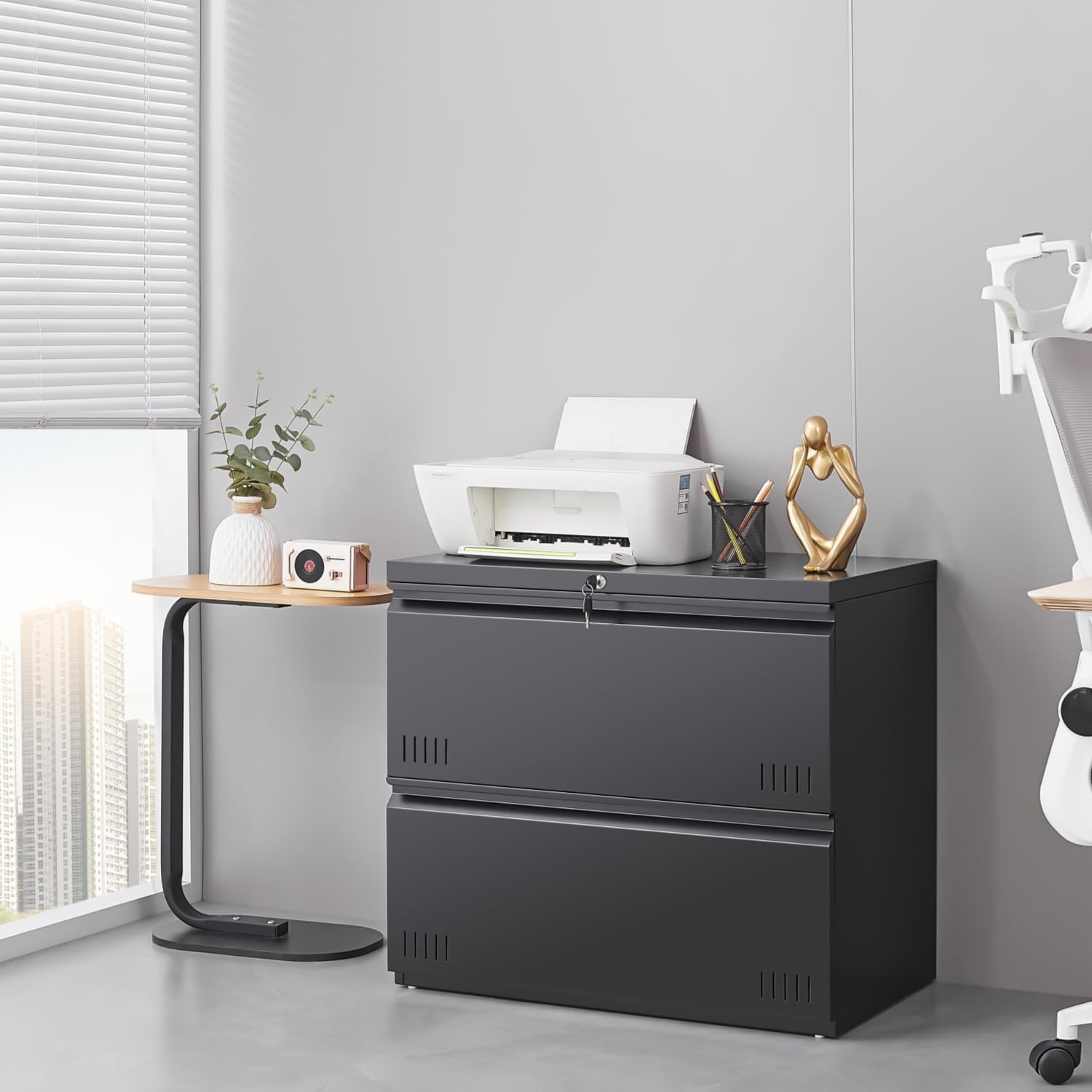 2 Drawer Lateral File Cabinet with Lock - Home Office Storage for A4, Letter & Legal Size Folders - Black Filing Cabinet for Documents, Printer Stand & Office Organization