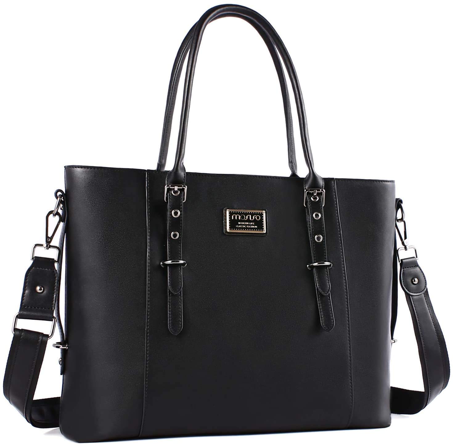 MOSISO Women's 13-13.3 Inch Waterproof PU Leather Laptop Tote Bag - Large Capacity Business Work Briefcase Shoulder Bag (Black) for Office, Travel & Daily Commute