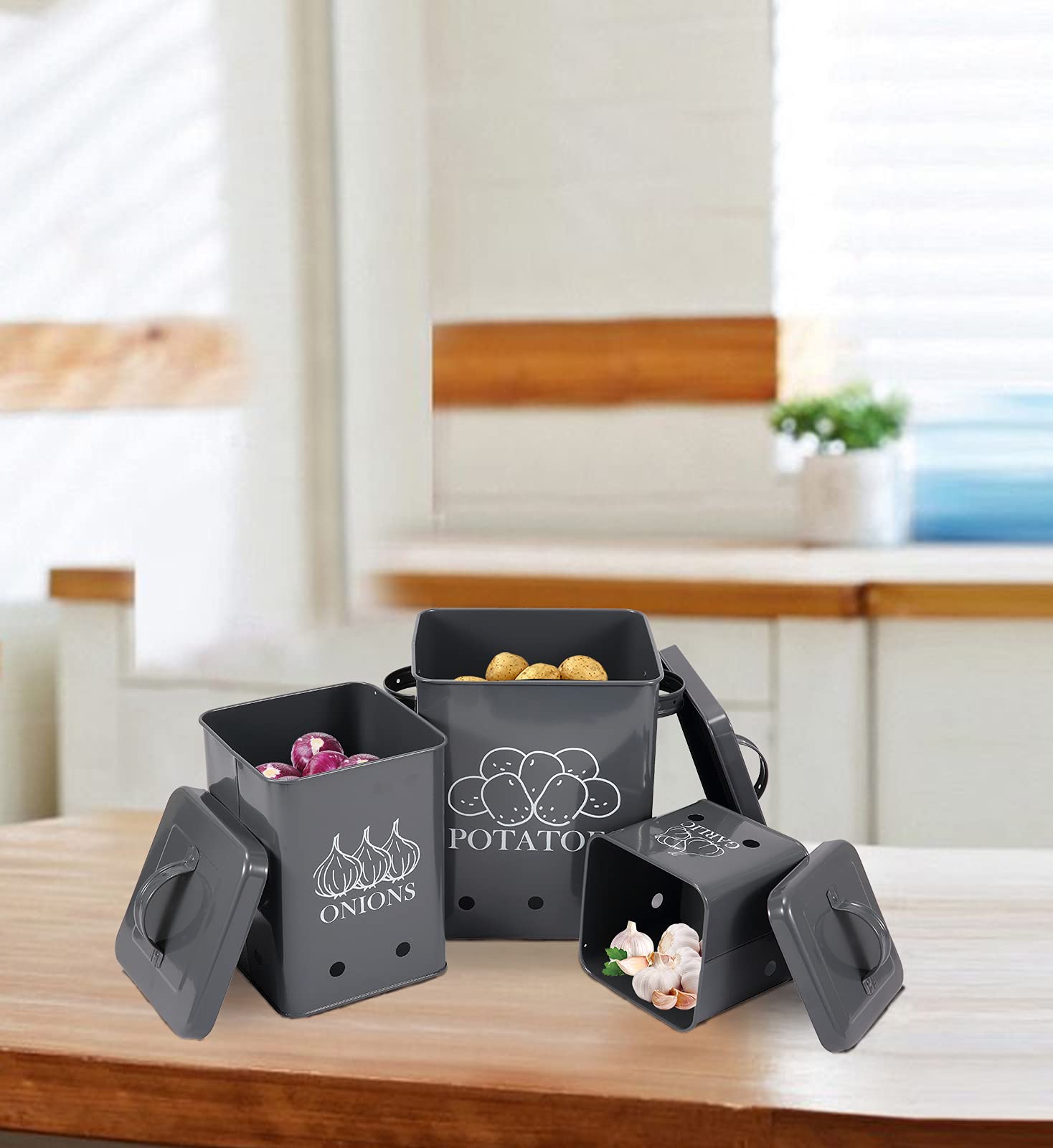 3-Pack Airtight Potato Onion Storage Containers with Ventilation Holes - Kitchen Pantry Organizer for Garlic, Vegetables & Dry Food Storage - Durable Gray Canisters for Freshness & Long Shelf Life - Perfect for Meal Prep & Pantry Organization