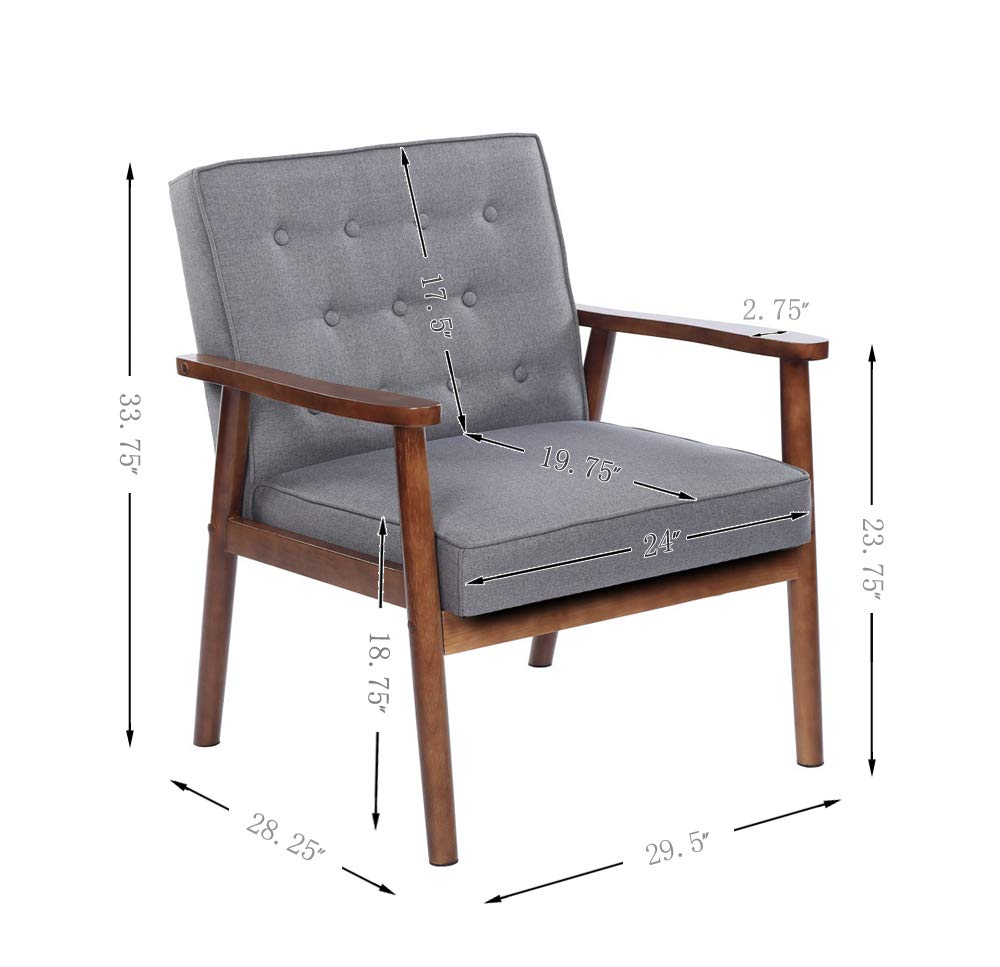 Mid-Century Modern Accent Chair - Retro Fabric Upholstered Lounge Chair with Wooden Arms for Living Room, Bedroom or Office - Comfortable Grey Armchair for Relaxing & Reading