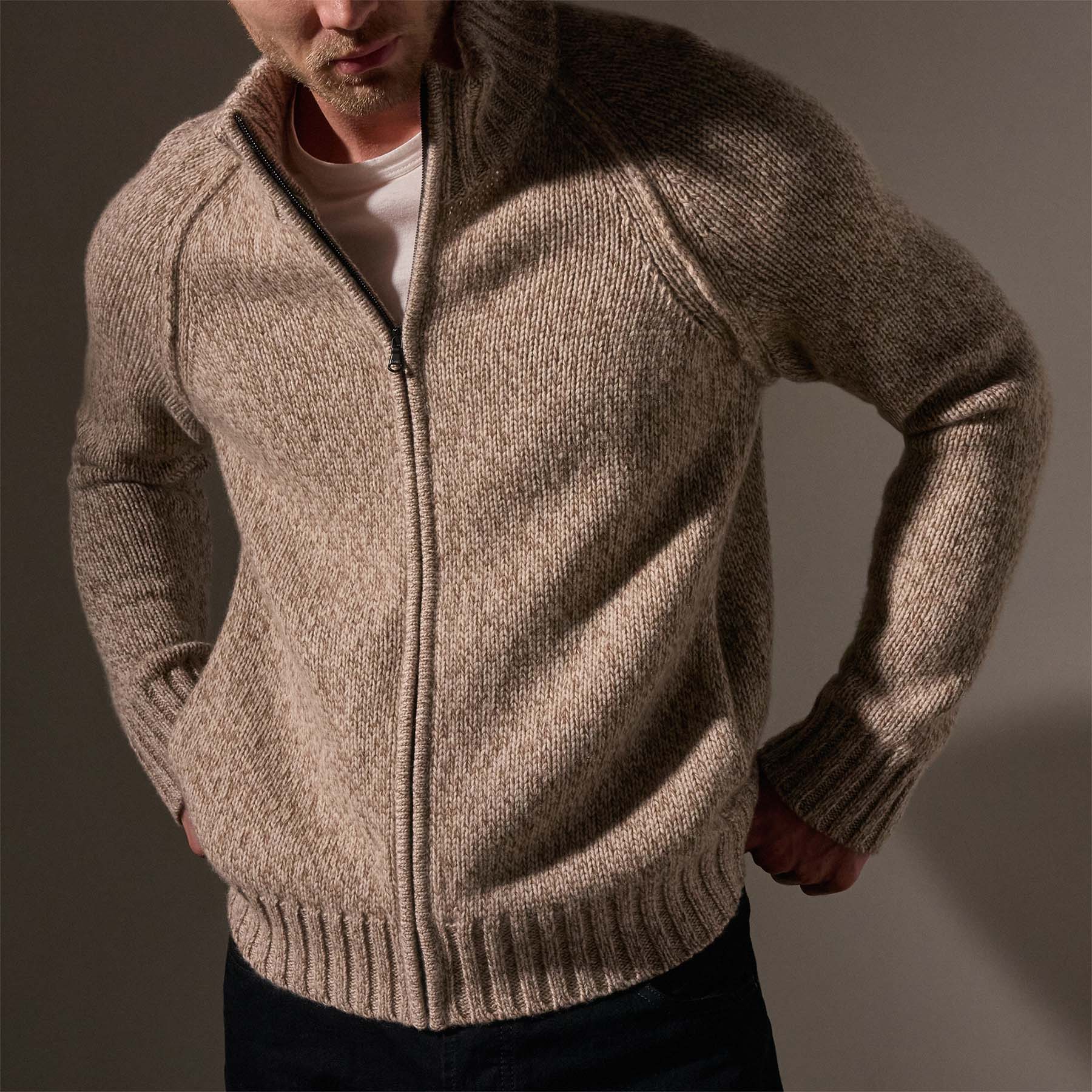 Chunky Cashmere Zip Up Sweater - Stone Marl | Cozy Winter Pullover for Women | Perfect for Casual Outfits & Cold Weather Layering
