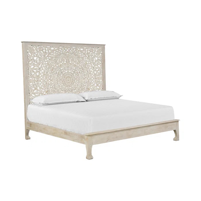 Dynasty Hand Carved Solid Wood Low Profile Standard Bed Frame - White Queen Size | Modern Minimalist Bedroom Furniture for Small Spaces & Loft Apartments