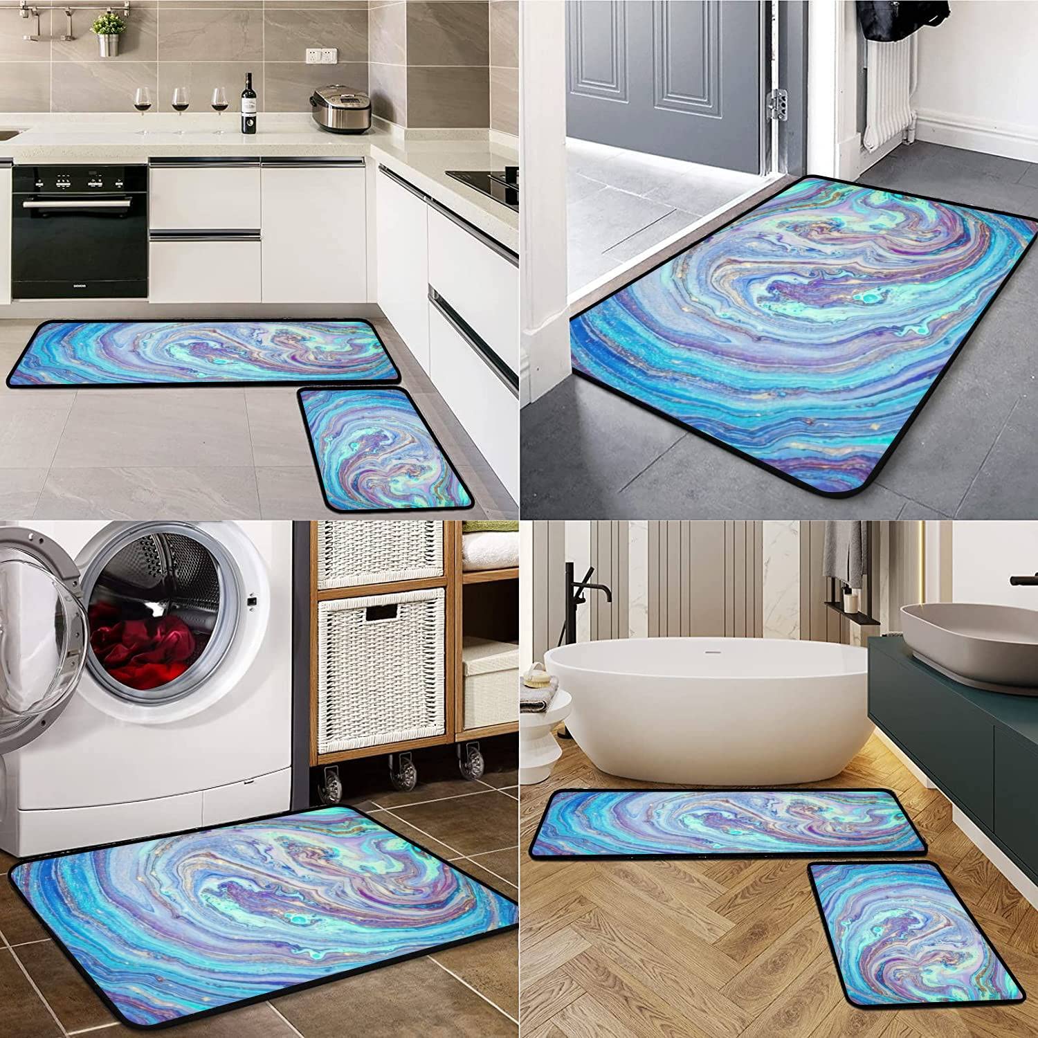 Trendy Pastel Marble Kitchen Rugs Set - Non-Slip Washable Floor Mat, Luxury Kitchen Runner & Bath Rug for Home Decor - Perfect for Standing Comfort in Kitchen, Entryway, and Bathroom