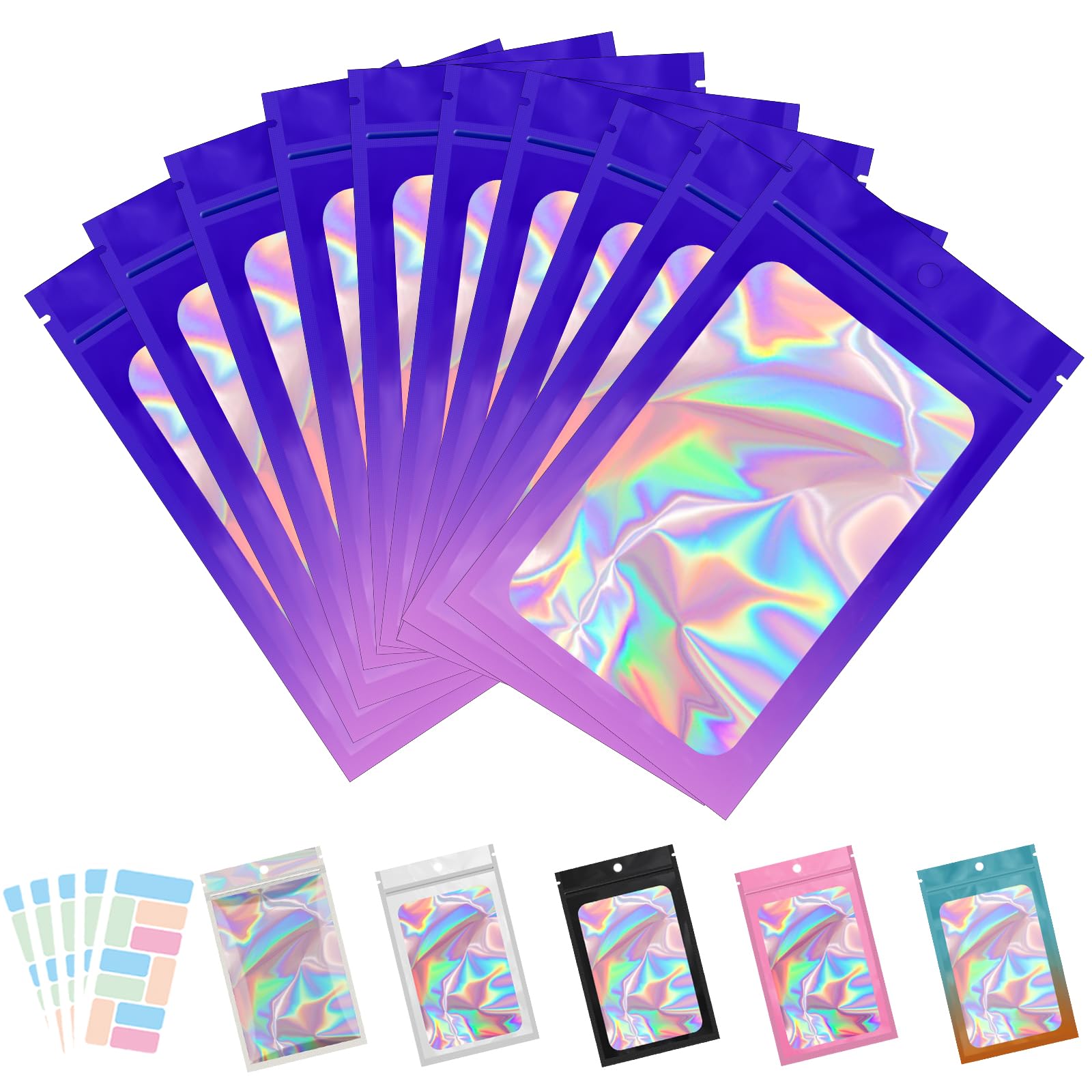 100 Pack Resealable Mylar Bags with Front Window - 4.1 x 5.9 Inch Holographic Food Storage Bags for Candy, Snacks & Small Business - Includes 100 Color Labels (Purple-Pink) - Perfect for Home Kitchen, Retail Packaging & Party Favors