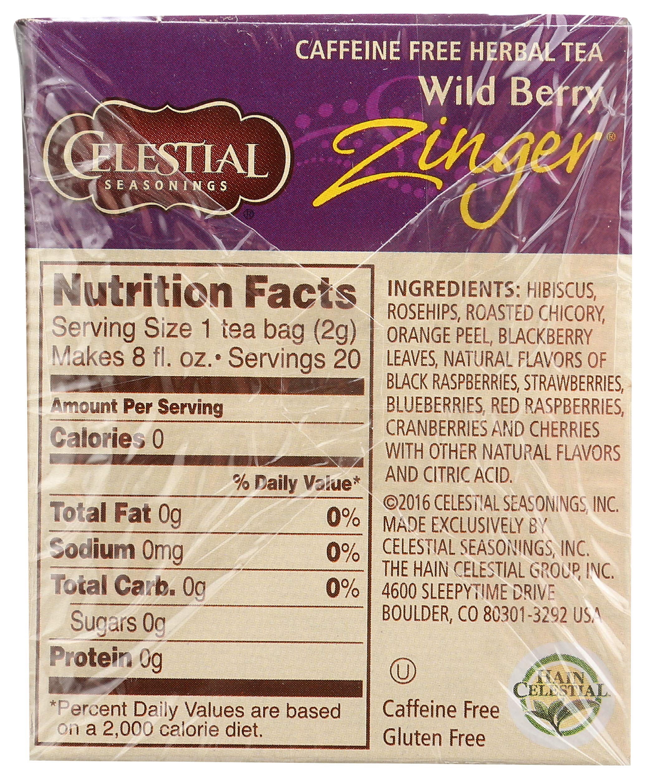 Celestial Seasonings Wild Berry Zinger Herbal Tea Bags - 20 Count | Caffeine-Free Fruit Infusion for Relaxation & Wellness | Perfect for Afternoon Tea, Office Break or Evening Unwinding