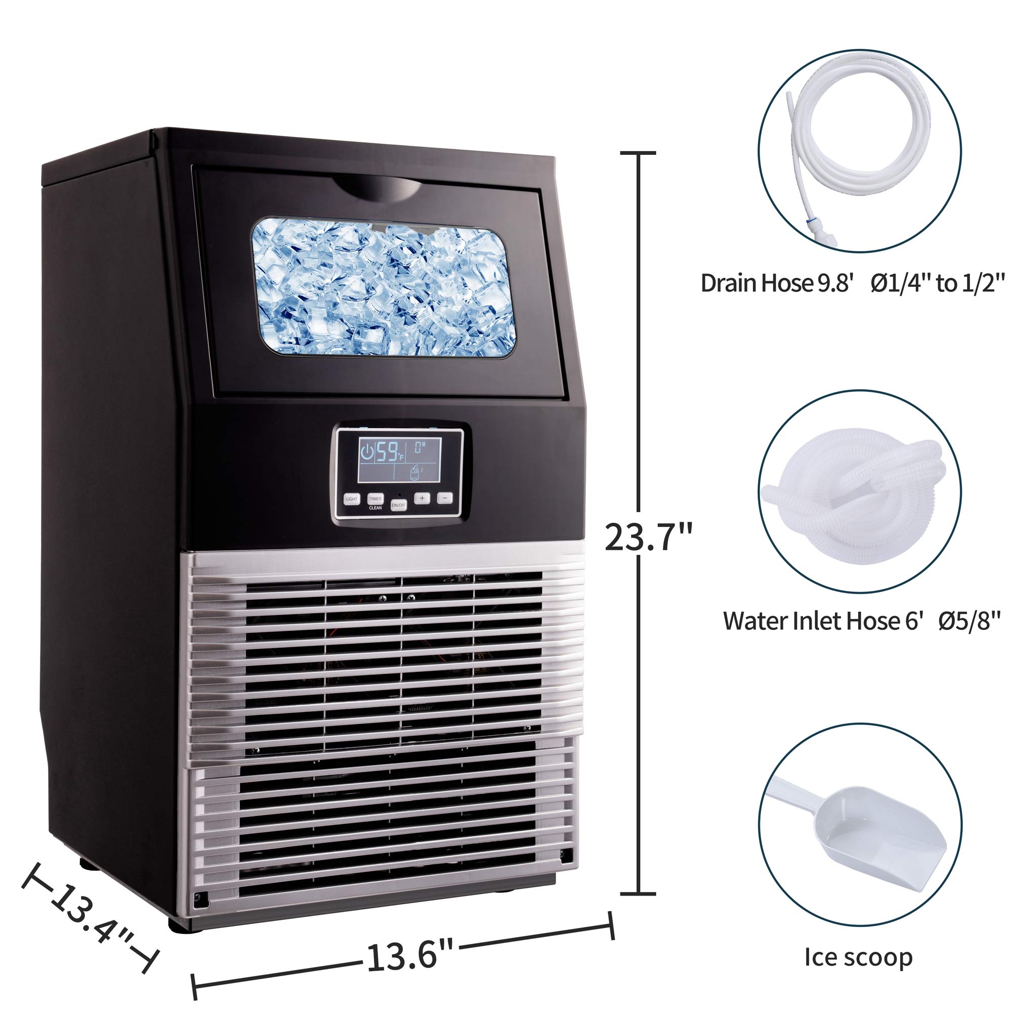 Commercial Ice Maker Machine 66LBS/24H Stainless Steel Under Counter Freestanding with Self-Cleaning & Automatic Water Inlet - Clear Ice Cube Maker with Scoop - Perfect for Cafes, Bars, Restaurants, Home & Office Use
