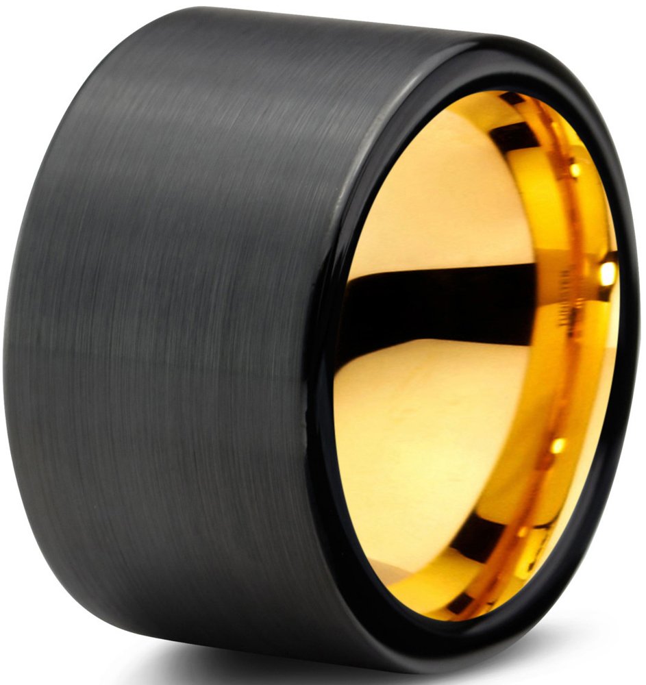 Midnight Rose Tungsten Wedding Band Ring - 12mm Width, 18k Rose & Yellow Gold Plated, Black Brushed & Polished Finish - Unisex Design for Men & Women - Perfect for Anniversaries, Engagements & Everyday Wear