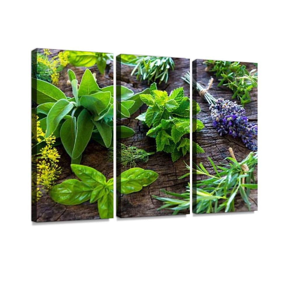 Blaverr 3 Panel Wall Art - Modern Canvas Prints of Fresh Herbs on Wooden Background, Rosemary Food Stock Pictures - Home Decor for Living Room & Bedroom - Ready to Hang - Perfect for Kitchen, Dining Area & Farmhouse Style Interiors