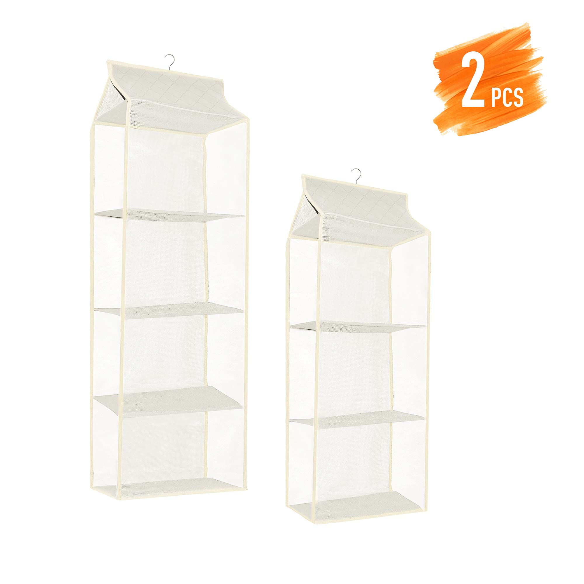 2 Pack Hanging Handbag & Purse Organizer for Closet - Space Saving Bag Storage Holder with 4 Shelves & 3 Shelves - Perfect for Wardrobe, Closet, and Bedroom Organization (Beige) - Ideal for Storing Purses, Handbags, Totes, and Accessories
