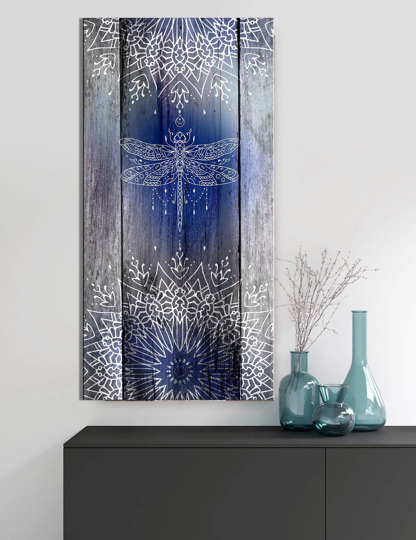 Boho Dragonfly Sign - Large Canvas Wall Art with Bohemian Floral Pattern, Modern & Rustic Home Decor - Framed Wall Art for Living Room, Bedroom, or Office (Blue Grey, 60 x 27 Inches)