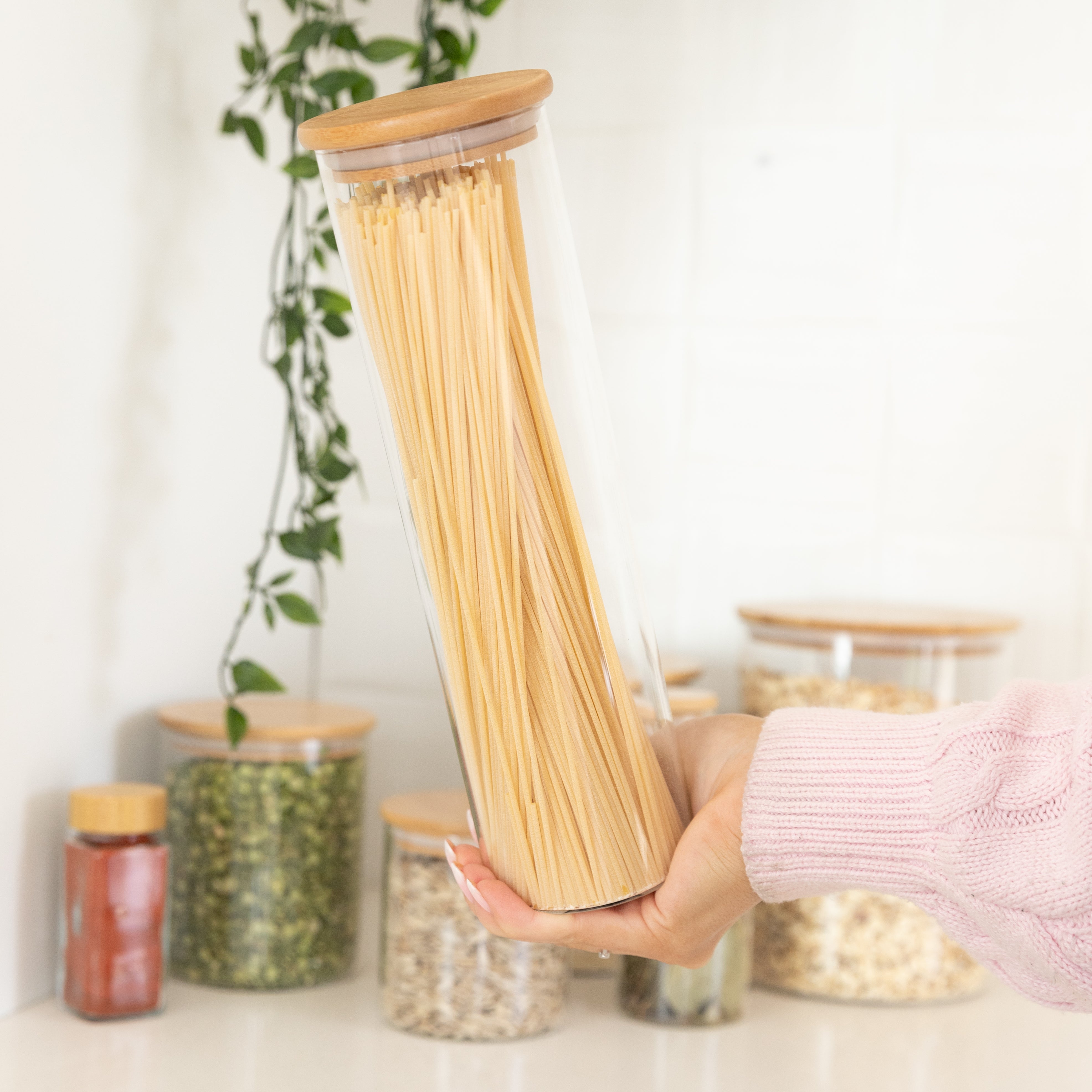 Premium 1.2L Tall Bamboo Glass Storage Jar - Airtight Kitchen Container for Flour, Sugar, Coffee & Dry Food Storage | Perfect for Pantry Organization & Home Decor