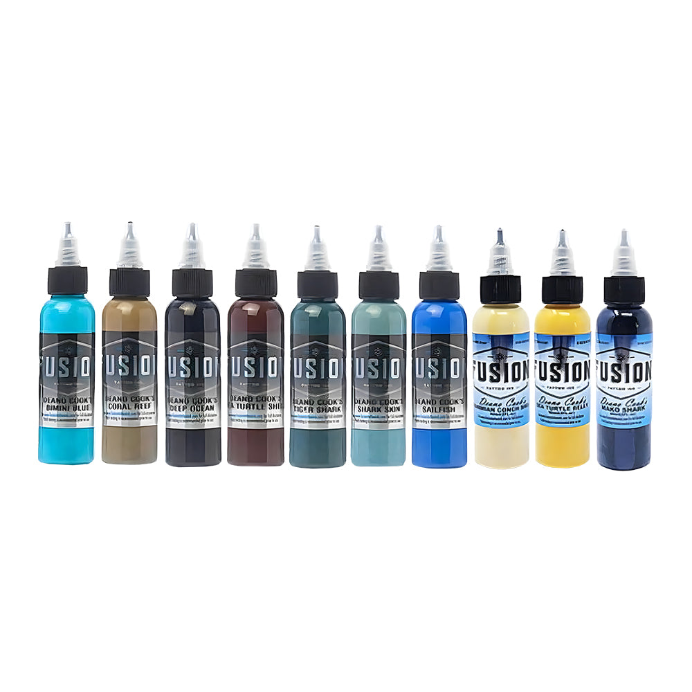 Deano Cook 10-Color Professional Tattoo Ink Palette Set - 1oz Bottles - Signature Fusion Pigments for Tattoo Artists & Body Art Professionals - Perfect for Studio Work & Tattoo Conventions