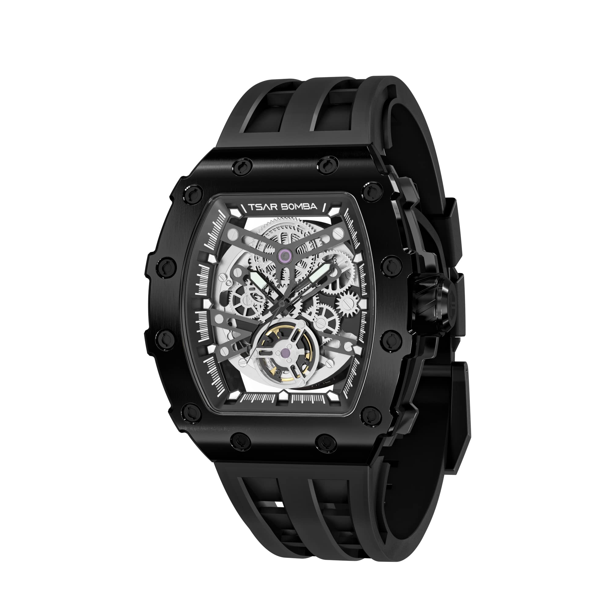TSAR BOMBA Luxury Automatic Men's Watch - Square Skeleton Tonneau Design with Japanese Movement, 50M Waterproof, Sapphire Crystal Glass - Silicone/FKM Rubber Strap - Perfect Gift for Men - Ideal for Business, Casual Wear & Outdoor Activities