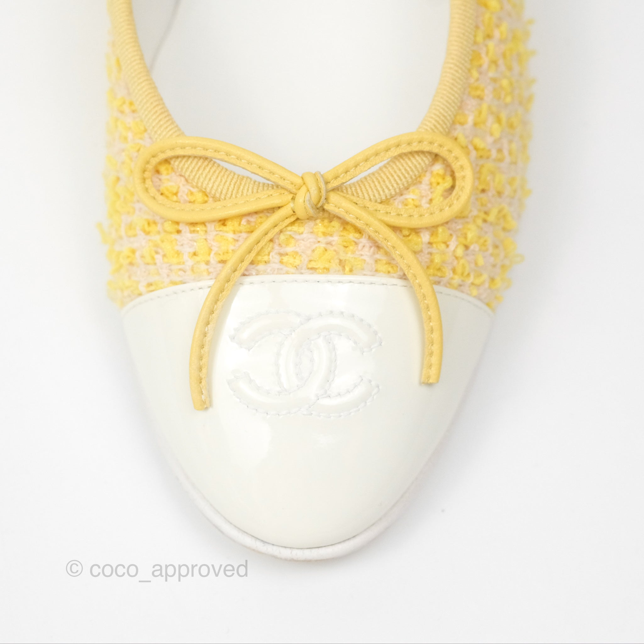 Chanel Ballerina Flats in Yellow Tweed with White Accents - Women's Size 37 (US 7) | Classic Comfortable Ballet Shoes for Work, Date Night & Casual Outings