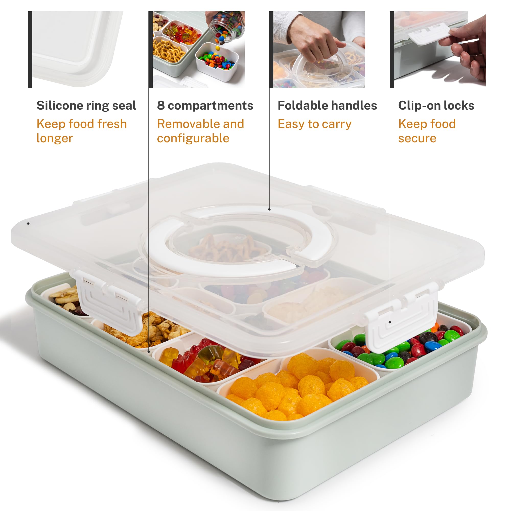 2025 Upgraded Dishwasher Safe Snack Box with Lid & Handle - 3-Compartment Divided Serving Tray for Charcuterie, Candy, Fruits, Nuts - Perfect for Picnics, Road Trips, Parties & Travel - BPA-Free Food Storage Container - Ideal for Home, Office & Outdoor Use (Sage Green)