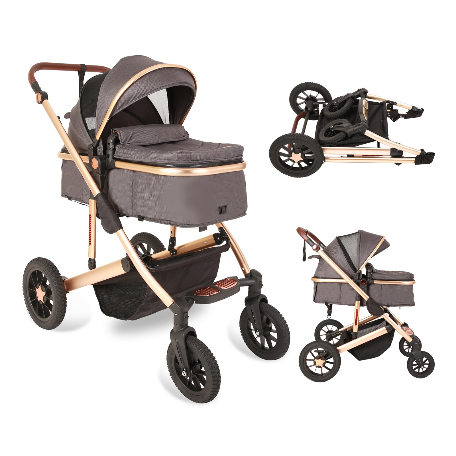Trenana 2-in-1 Baby Stroller with Reversible Bassinet | Adjustable Backrest & Canopy | Foldable Lightweight Aluminum Alloy Frame | Shock-Absorbing Wheels for Newborns (Gold-Grey) – Perfect for City Walks, Park Visits & Travel