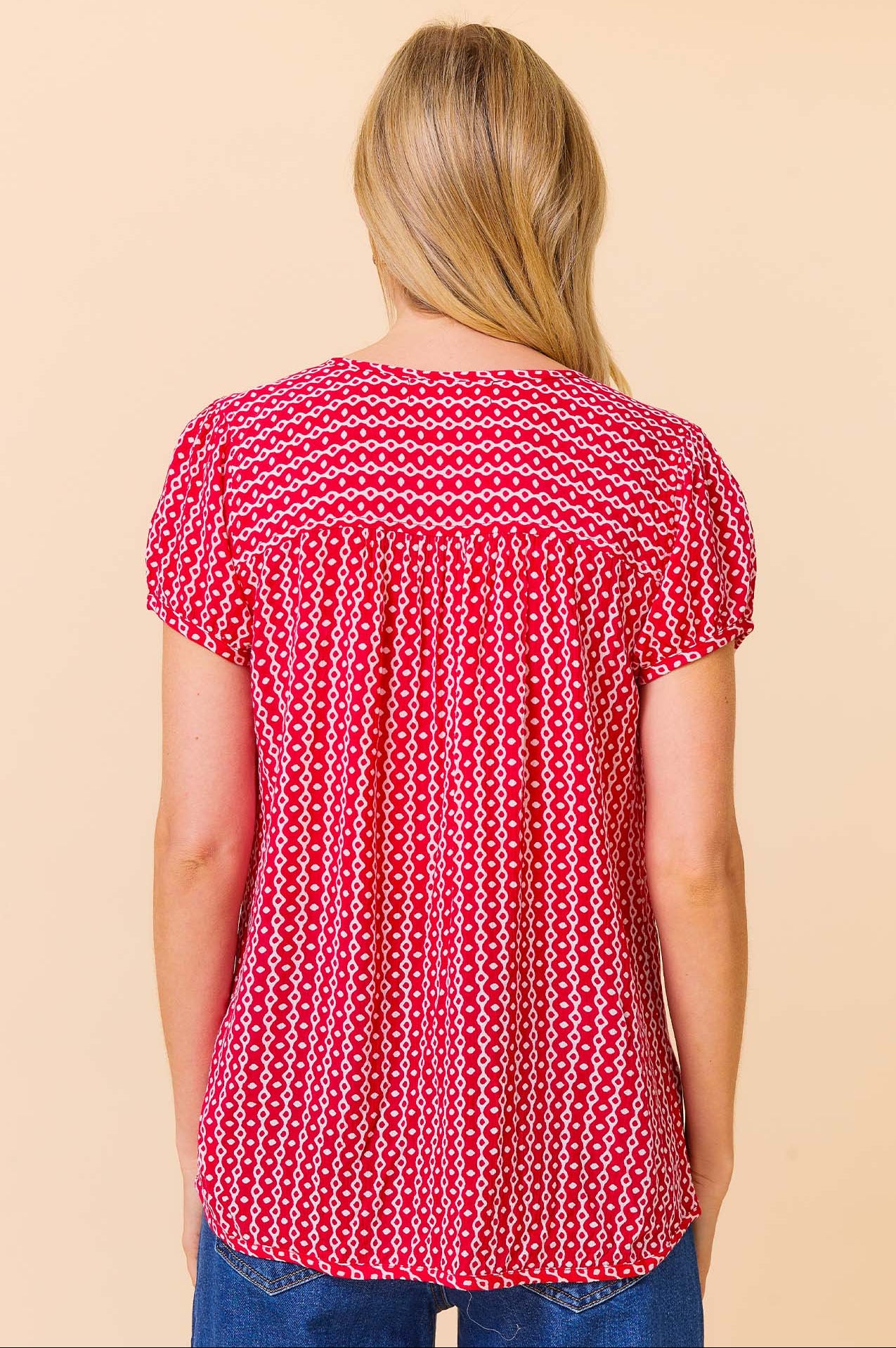 Lisbon Blouse with Santorini Border - Red and White Floral Print Women's Top for Casual Wear, Vacation & Summer Outfits