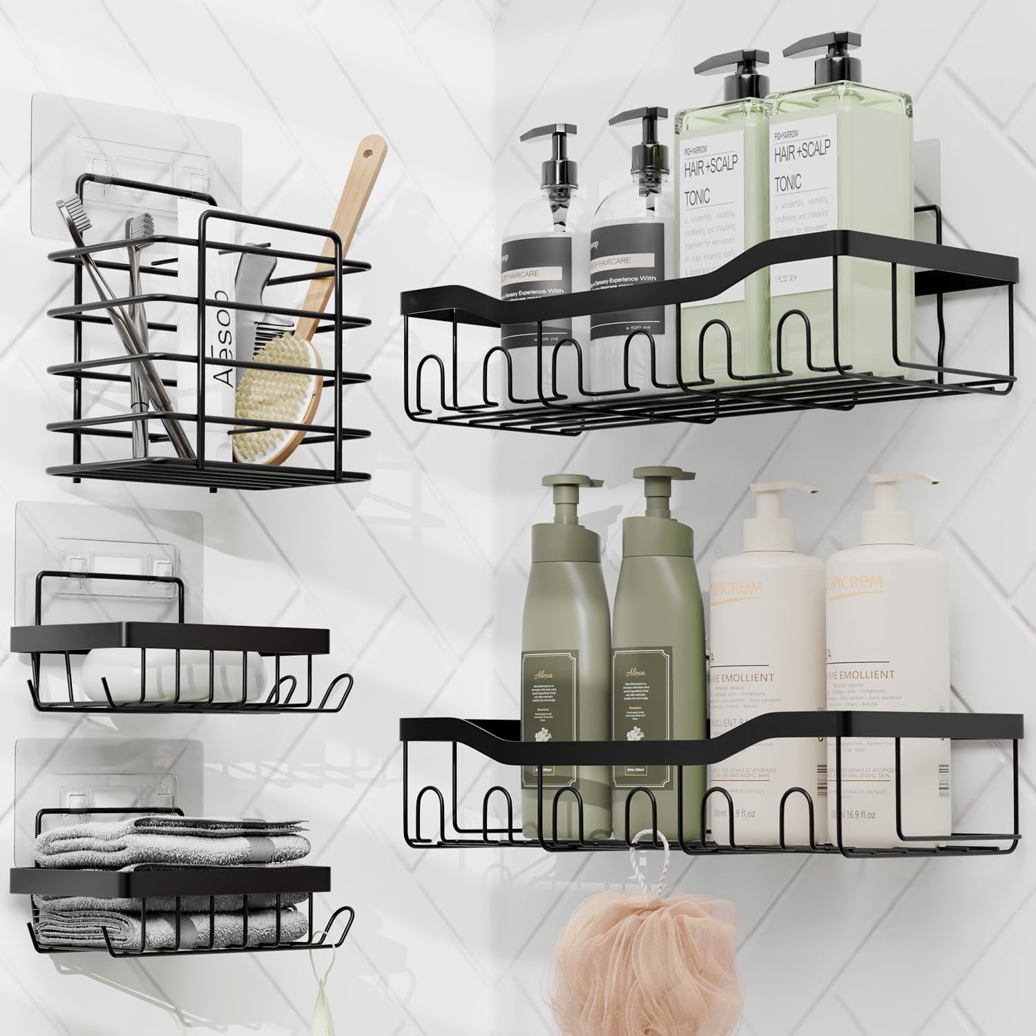 27-Piece Black Bathroom Accessories Set with Shower Caddy, Bath Rugs, Shower Curtain, Toilet Brush, Trash Can & Soap Dispenser - Complete Modern Bathroom Decor for Home, Apartment & Guest Bathroom
