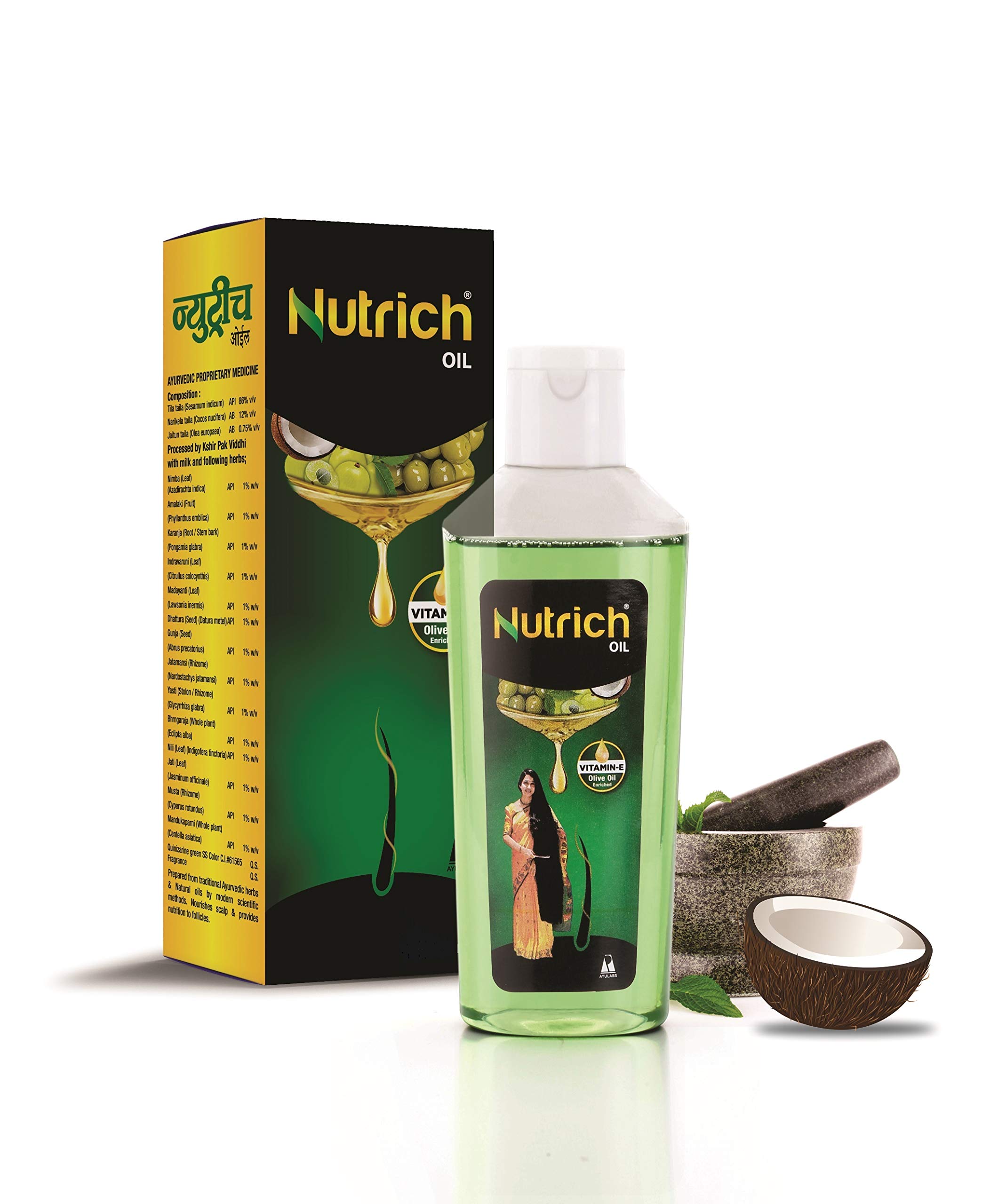 Nutrich Ayurvedic Hair Oil for Hair Growth & Scalp Health - 180ml | Natural Herbal Treatment for Dry, Damaged Hair - Promotes Thickness & Shine - Perfect for Daily Hair Care & Massage