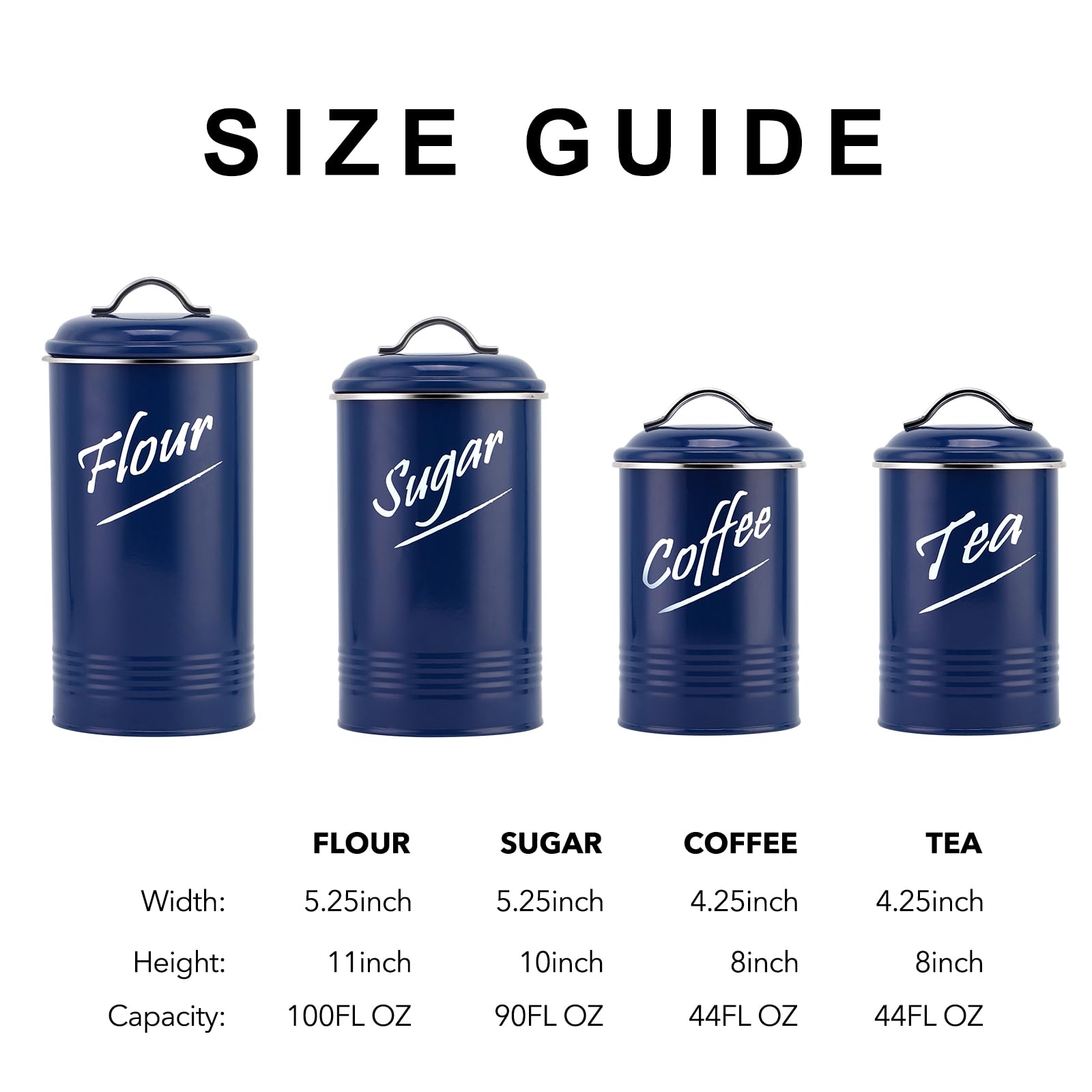 Hillbond 4-Piece Stainless Steel Kitchen Canister Set with Powder Coated Finish - Navy Blue Airtight Food Storage Containers for Flour, Sugar, Coffee & Dry Goods | Perfect for Countertop Organization & Pantry Storage
