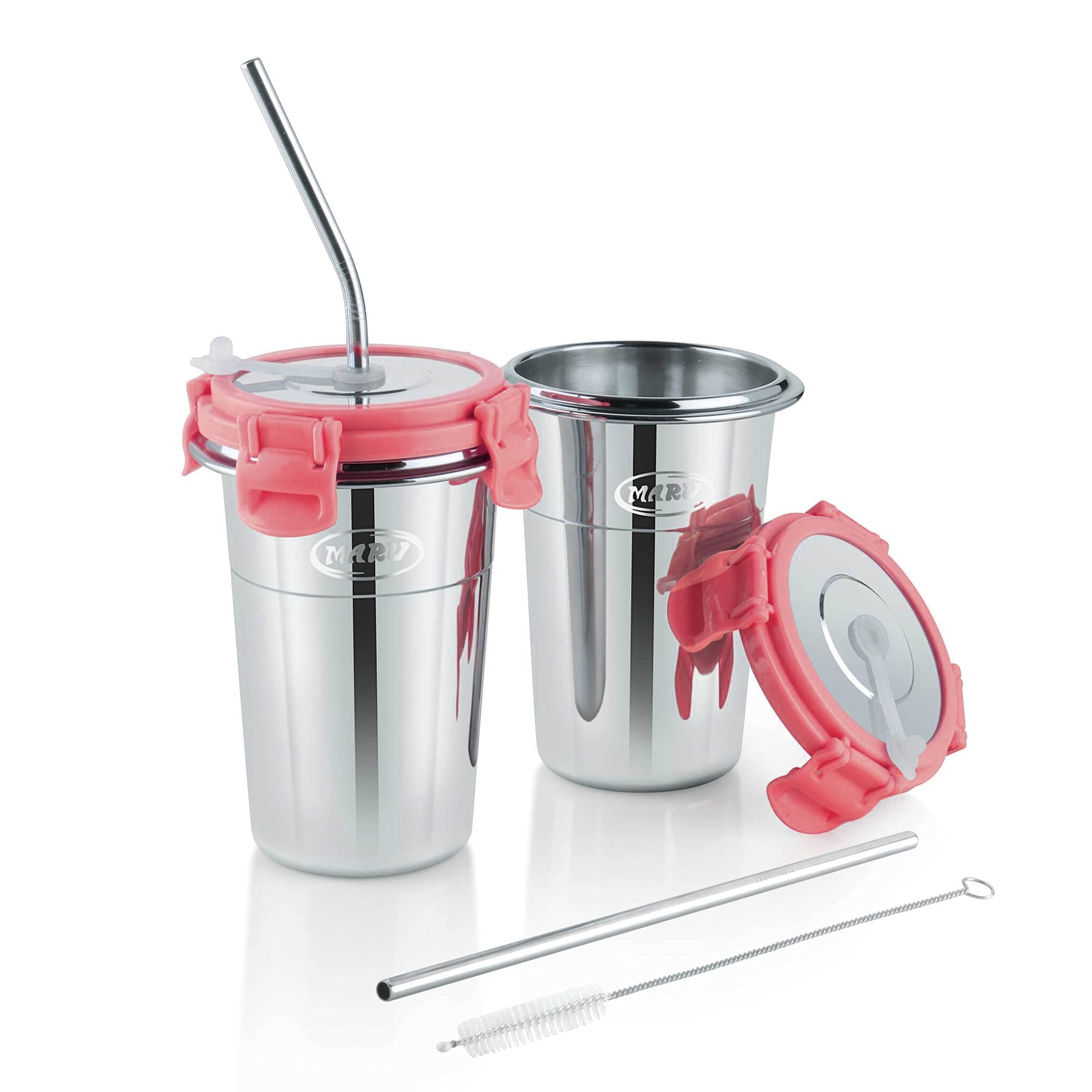 Premium MARU Stainless Steel Tumbler with Silicone Sealed Lid - 400ML Leakproof Vacuum Insulated Cup Set of 2 (Pink) with 2 Straws & Cleaning Brush - Perfect for Office, Gym, Travel & Outdoor Activities