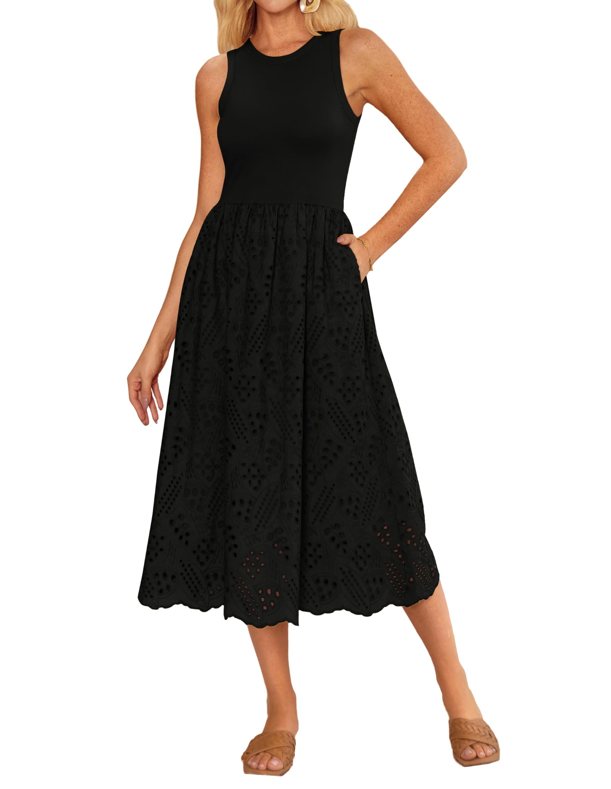 GRACE KARIN Women's Summer Sleeveless Tank Dress - A-Line Midi Dress with Eyelet Crewneck & Pockets | Casual Holiday, Beach, and Party Wear