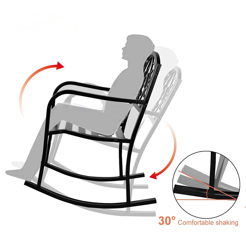 Grepatio Outdoor Patio Rocking Chair - Heavy Duty Wrought Iron Metal Rocking Seat with Elegant Scroll Design for Deck, Backyard, Garden or Porch - Weather Resistant & Comfortable (Black) | Perfect for Relaxing, Reading & Enjoying Nature