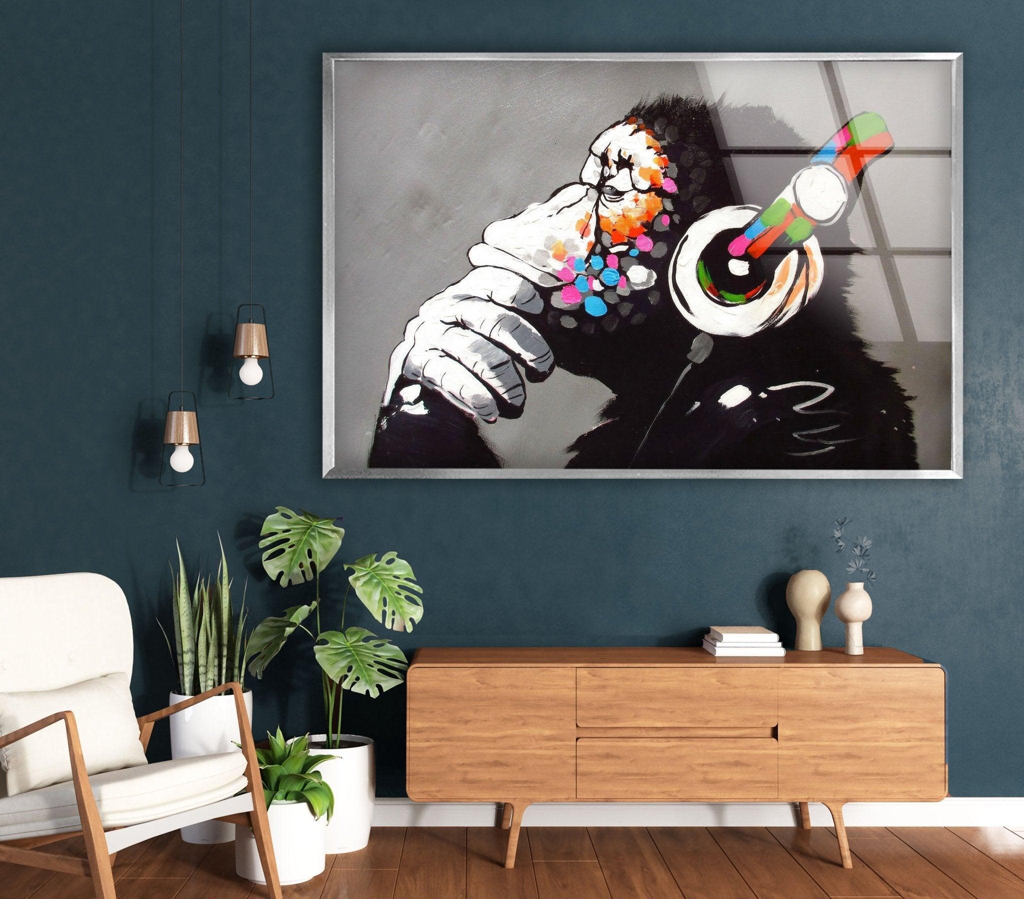 Banksy DJ Monkey Gorilla Thinking Glass Wall Art - Modern Canvas Print for Home & Office Decor - Perfect for Living Room, Bedroom or Studio