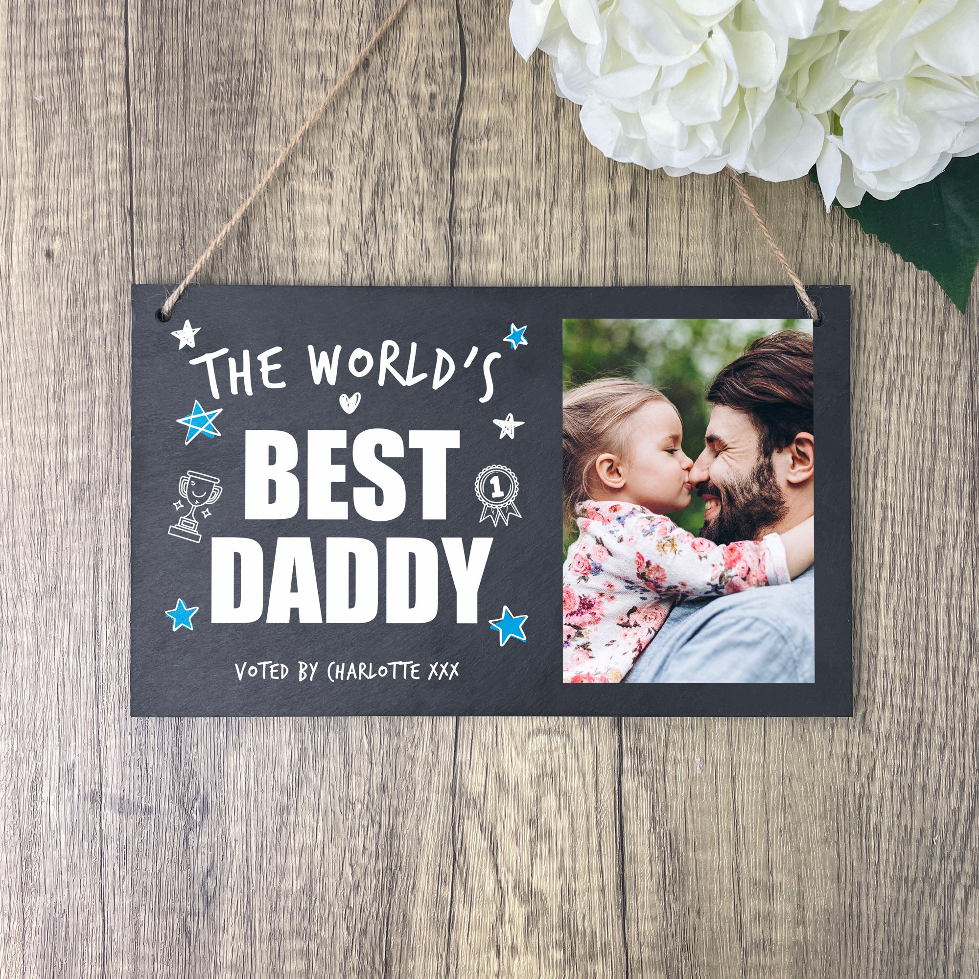 Personalized 'World's Best Dad' Engraved Photo Slate Plaque - 10x6 Inch Wooden Hanging Gift for Father's Day, Birthday & Retirement - Perfect for Home, Office & Man Cave Decor