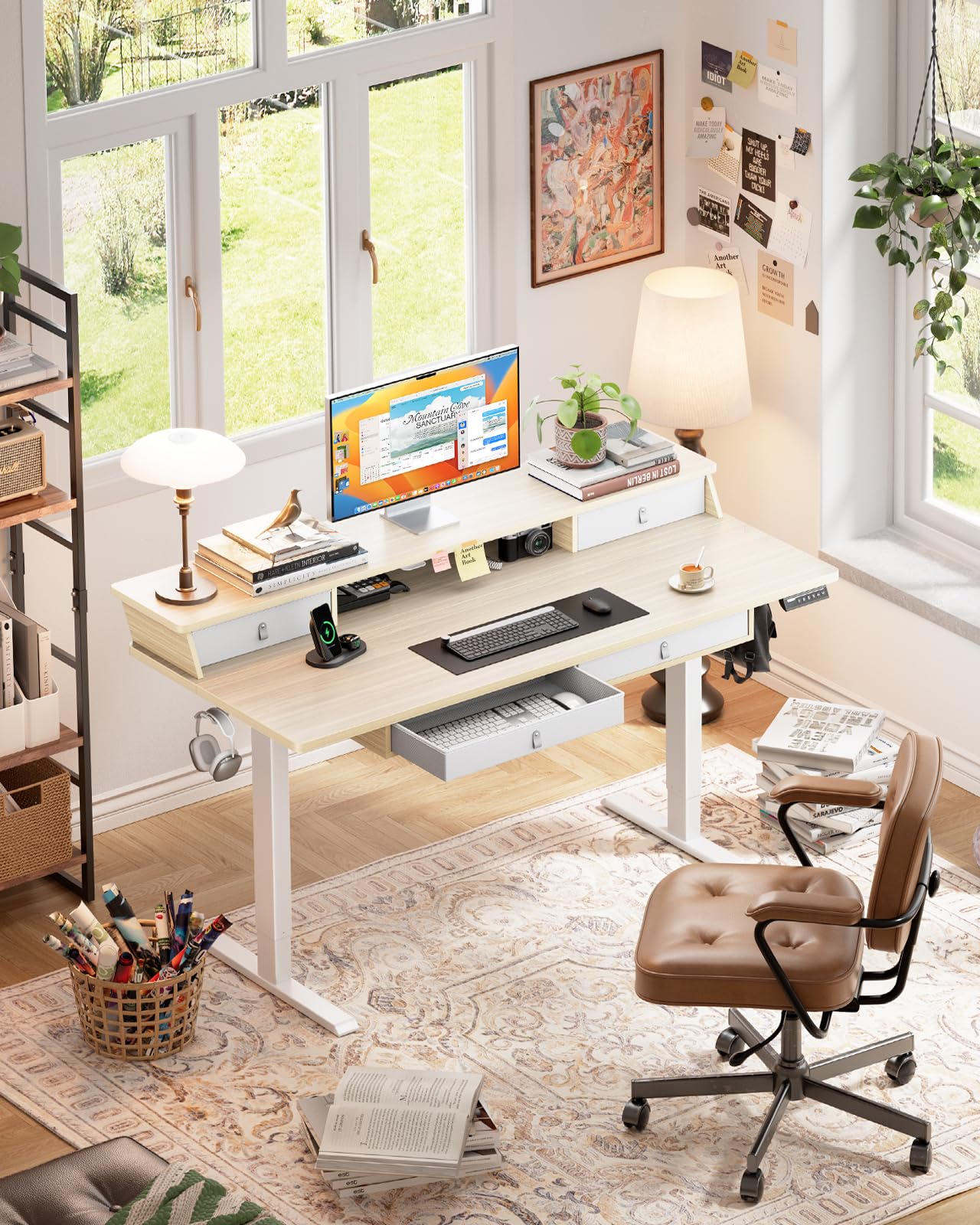 ErGear 48 x 30 Inches Electric Standing Desk with Drawers - Height Adjustable Sit Stand Desk with Storage, 4 Memory Presets & Cable Management Tray - Natural Wood Home Office Desk for Computer Work, Gaming & Study