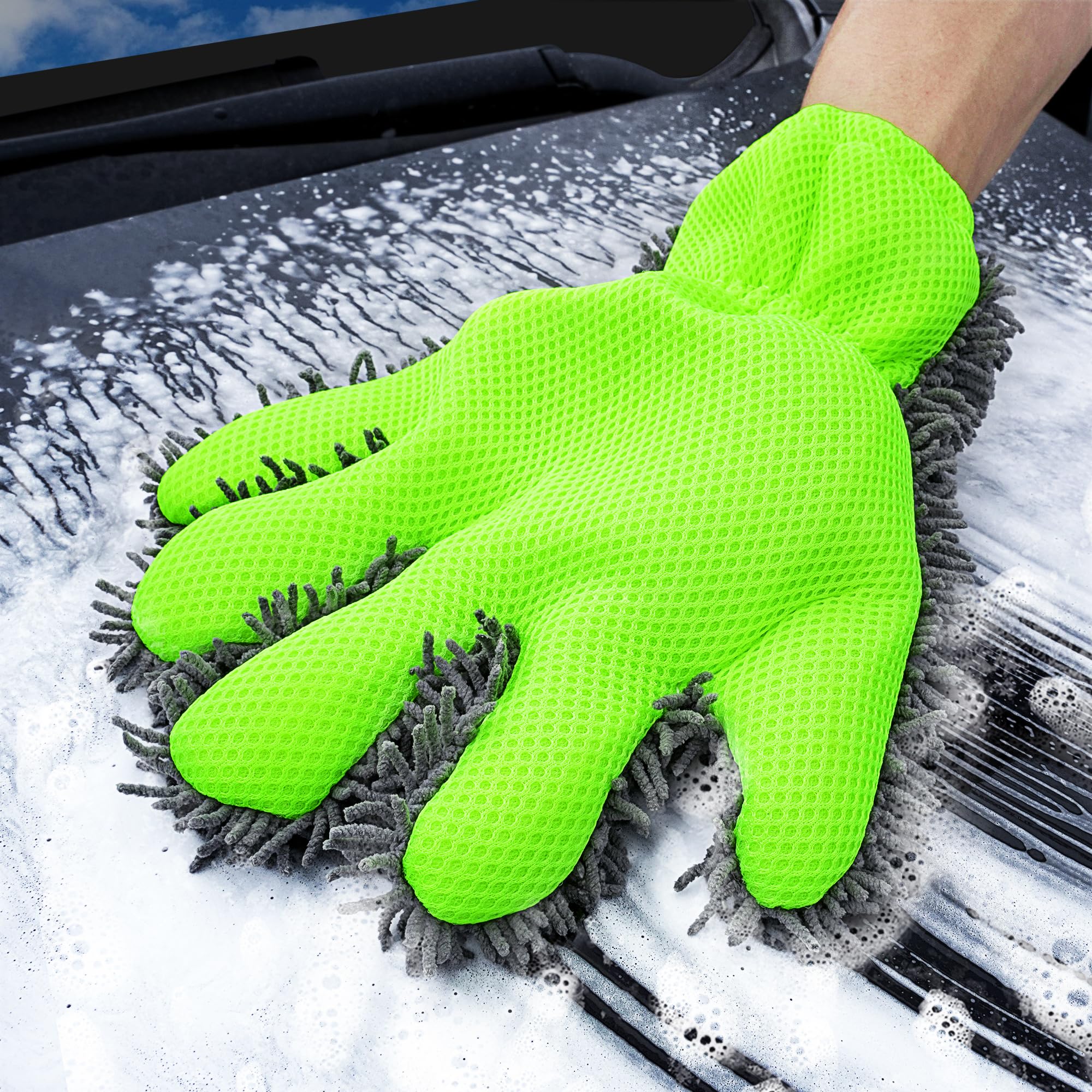 2 Pack XINDELL Microfiber Car Wash Mitts with Fingers - Extra Large Scratch Free & Lint Free Cleaning Mitt for Car Exterior, Interior & Motorcycle Washing - Perfect for Hand Wash, Detailing & Auto Care