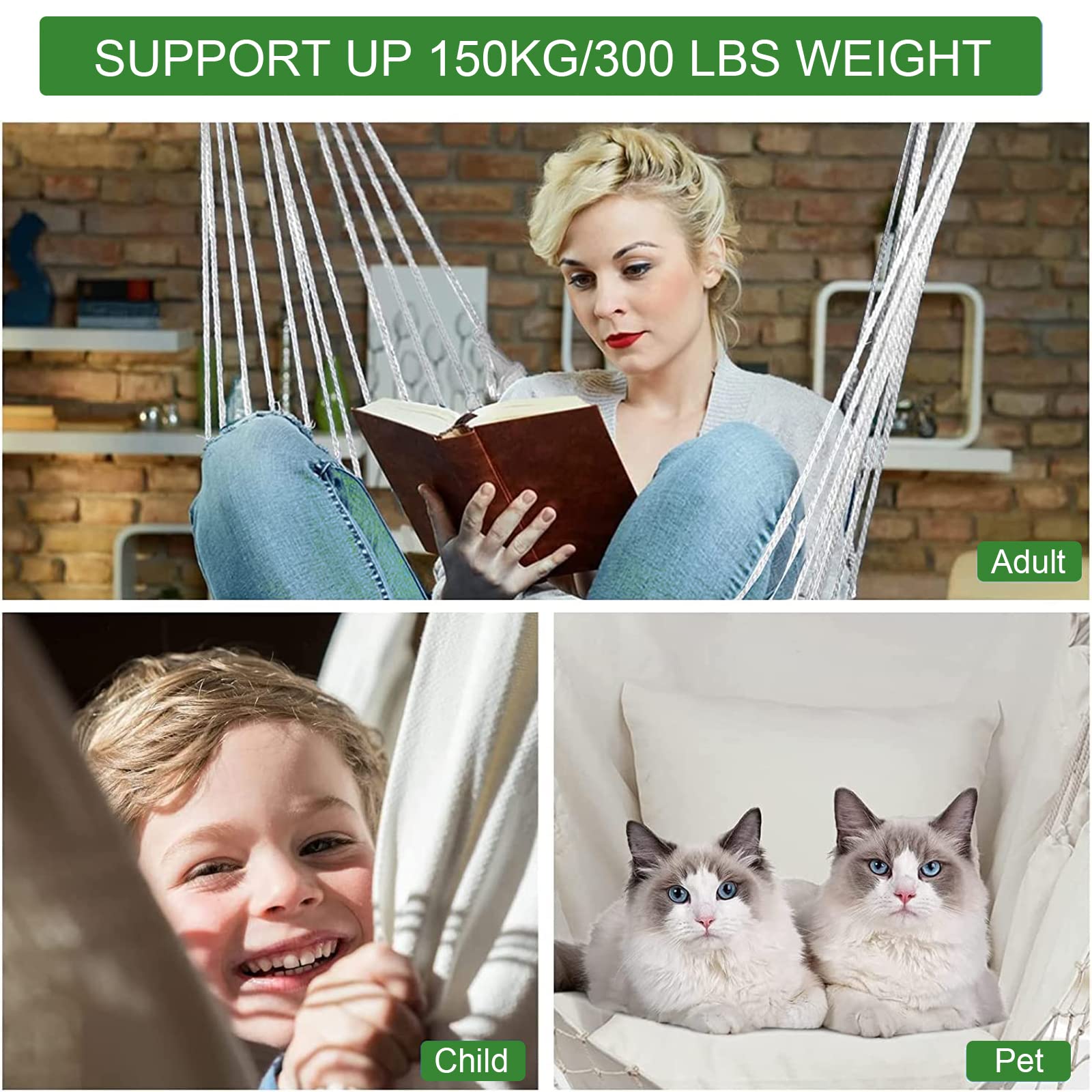 Premium Hammock Chair with 2 Removable Zippered Cushions & Rope Swing - Indoor/Outdoor Hanging Chair Supports 330 lbs - Perfect for Patio, Garden, Balcony & Bedroom Relaxation (Includes 2 S-Hooks)