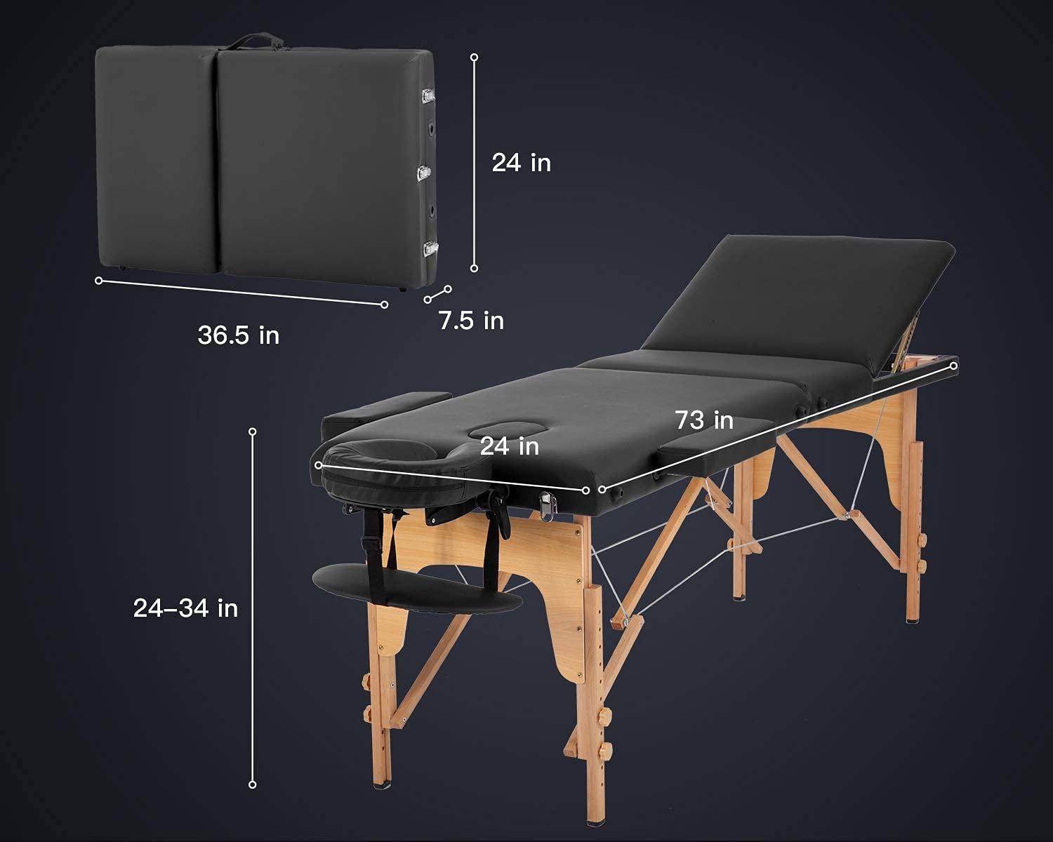 Portable Massage Table 3-Fold Adjustable Spa Bed - 84