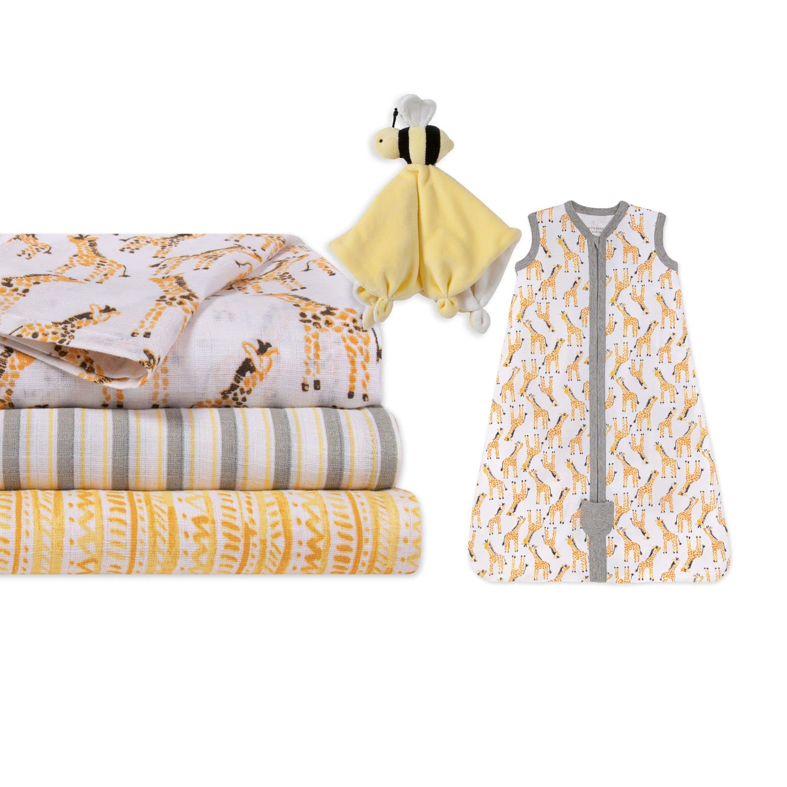 Burt's Bees Baby Organic Cotton Gift Set - 100% Organic Unisex Wearable Blanket, 3-Pack Muslin Swaddles & Plush Stuffed Animal Toy | Newborn Baby Shower Gifts, Hospital Essentials & Nursery Must-Haves | Perfect for Swaddling, Sleeping & Playtime