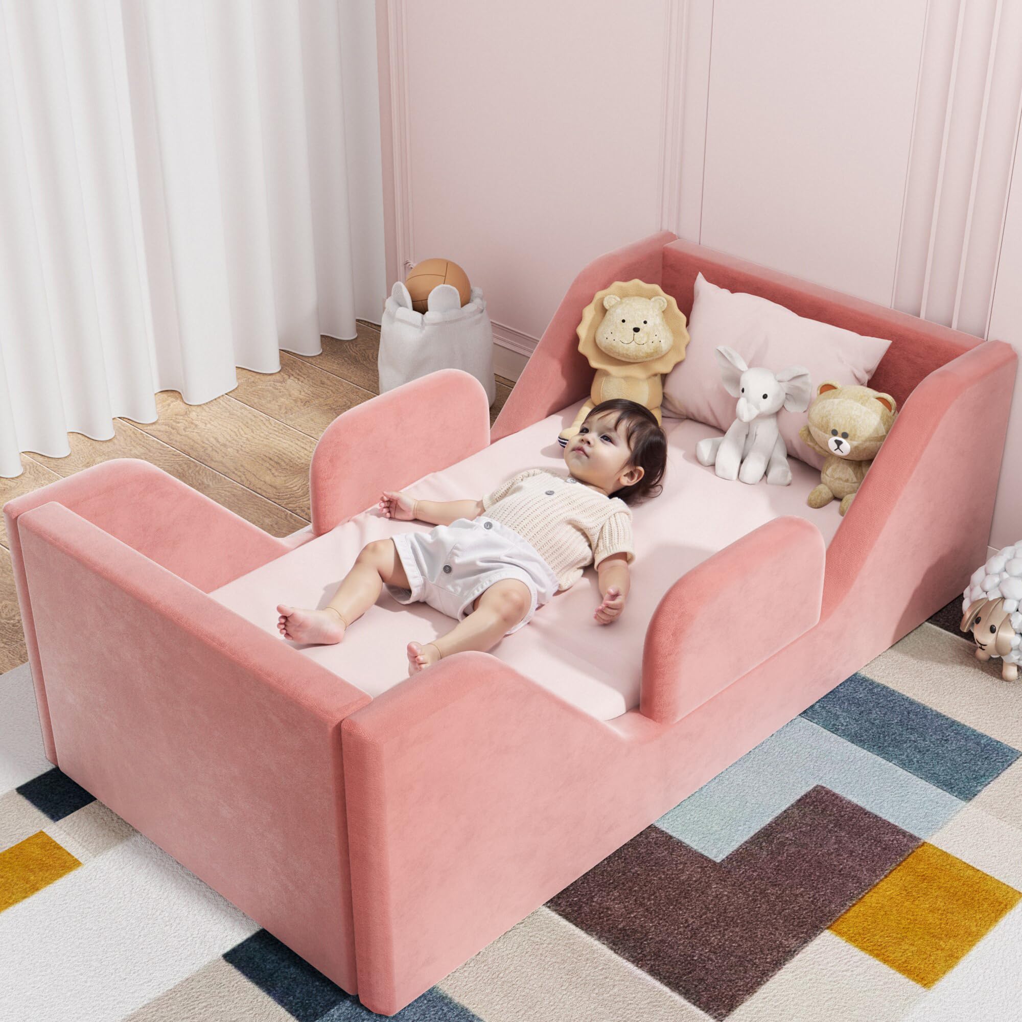 **Toddler Floor Bed with Guard Rails - Safe & Certified Small Bed for Kids Boys & Girls Ages 2-6 Years (Pink) - Perfect for Montessori Bedrooms & Kids' First Big-Kid Bed**