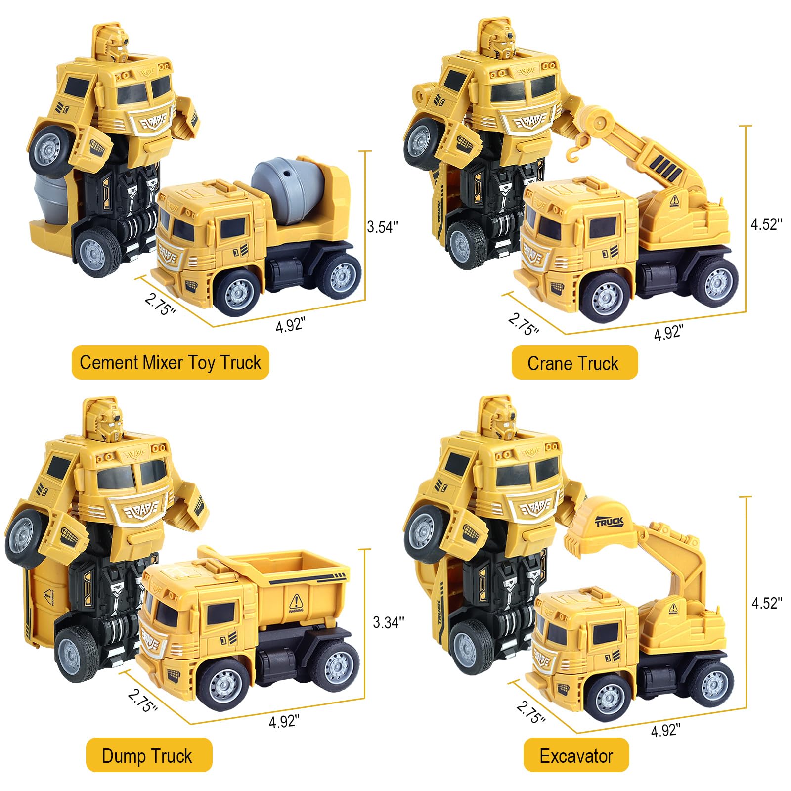 CORPER TOYS 4-Pack Construction Truck Toys Set with Dump Truck, Digger, Excavator & Cement Mixer - Friction Powered Transformable Vehicles for Kids - Perfect for Birthday Gifts, Pretend Play & STEM Learning